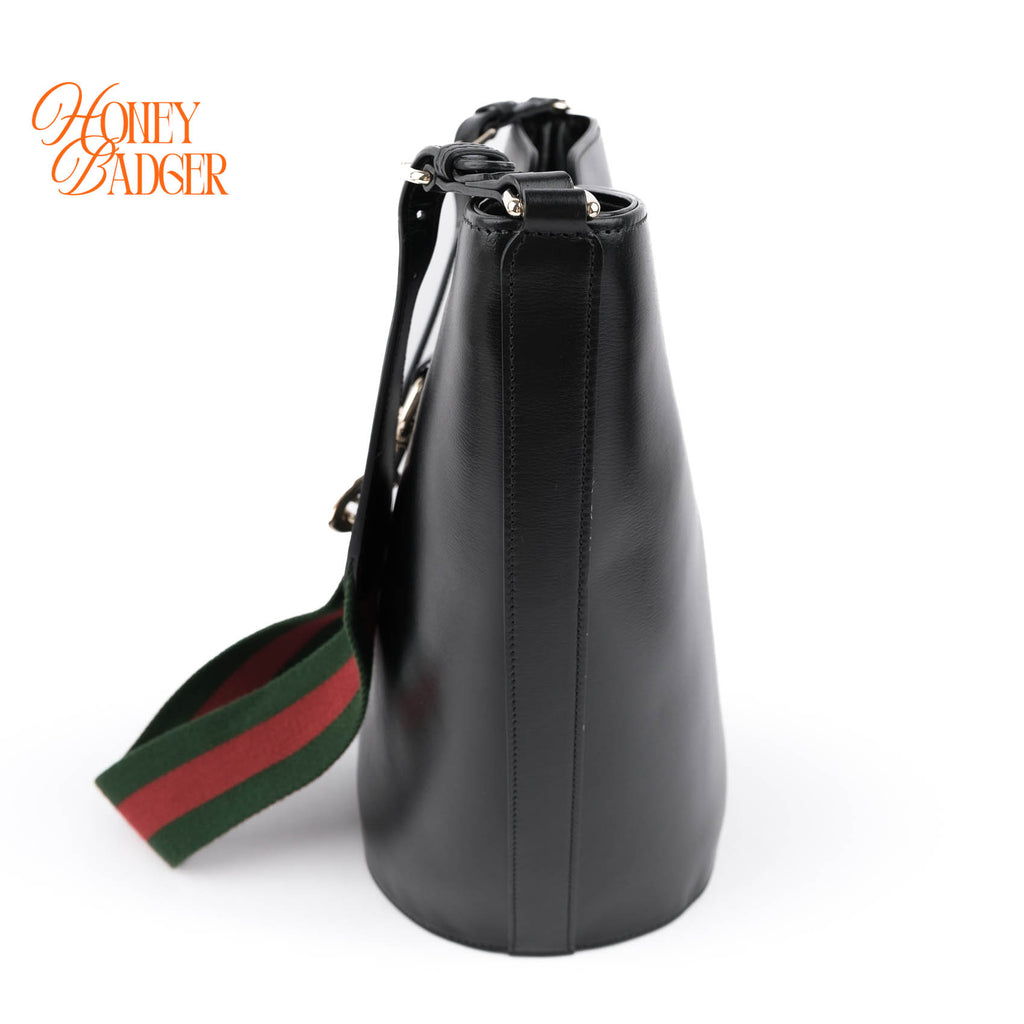 Gucci Jackie 1961 Small Bucket Bag Black Leather Web Strap Gold Hardware