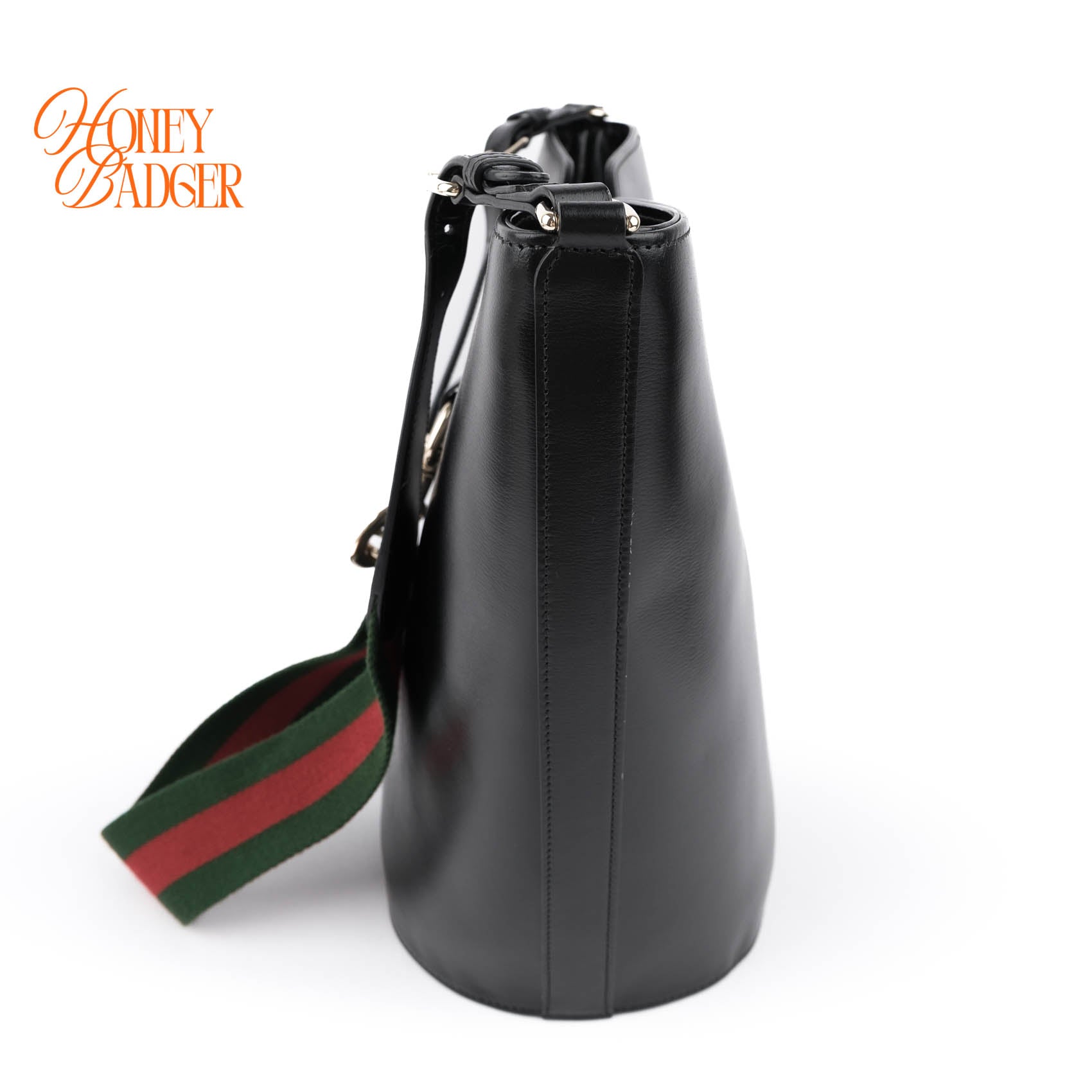 Gucci Jackie 1961 Small Bucket Bag Black Leather Web Strap Gold Hardware