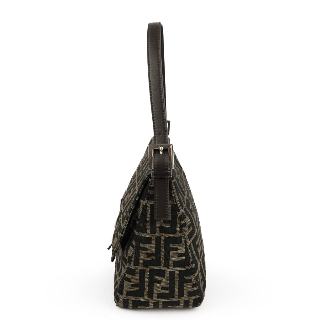 Fendi Zucca Canvas Mamma Baguette Shoulder Bag Tobacco Brown Leather Silver Hardware