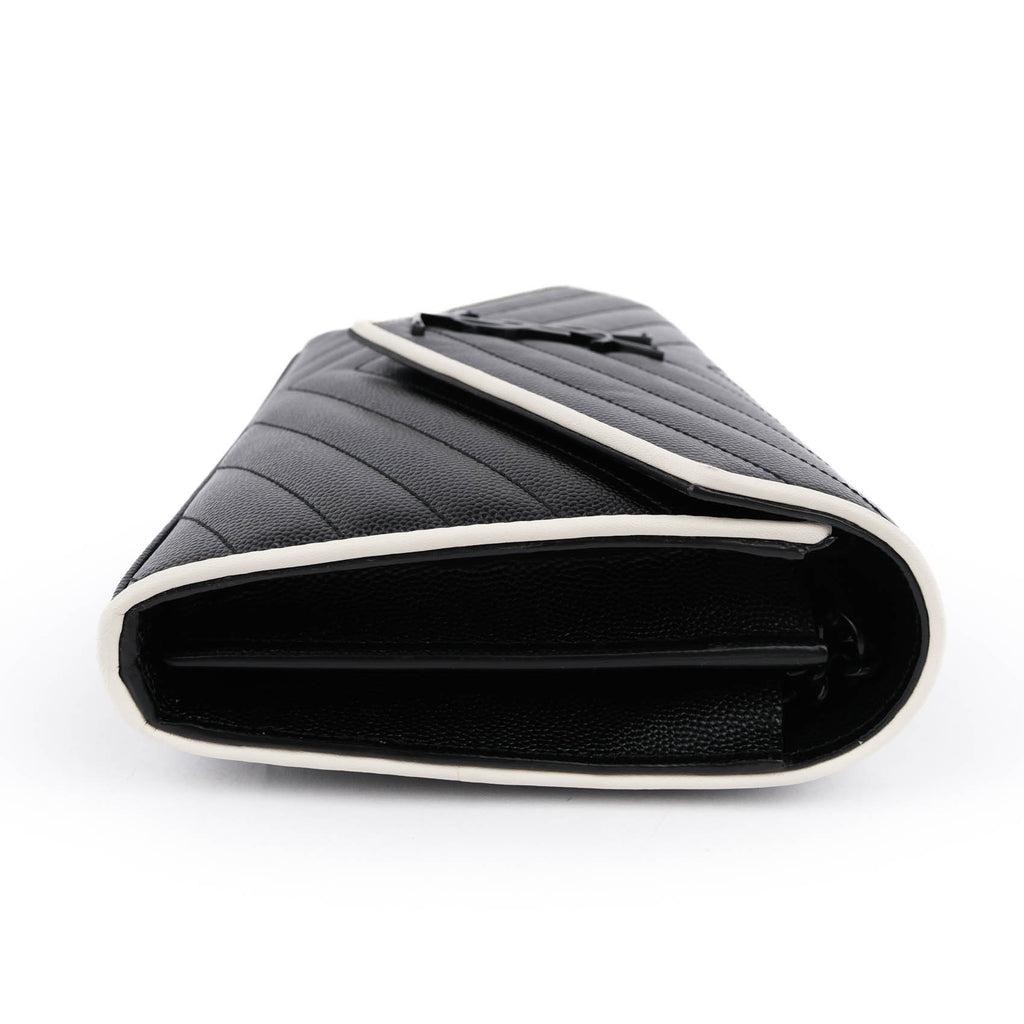 Saint Laurent Large Envelope Bag in Mix Matelassé Grain de Poudre Embossed Leather with White Piping and Black Hardware