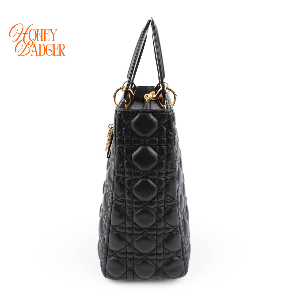 Christian Dior Lady Dior Large Cannage Black Lambskin Gold Hardware 2WAY Bag