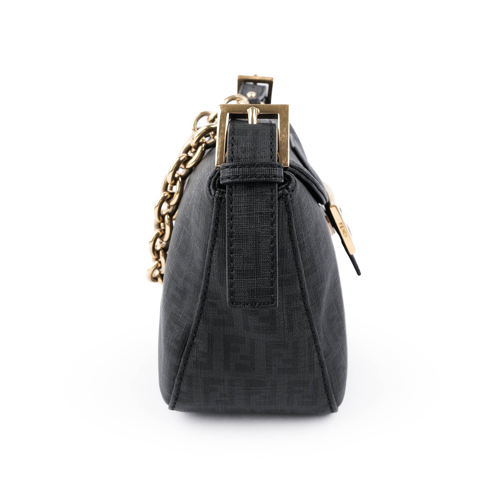 Fendi Baguette Medium — Black Zucca PVC with Gold Chain 8BR600