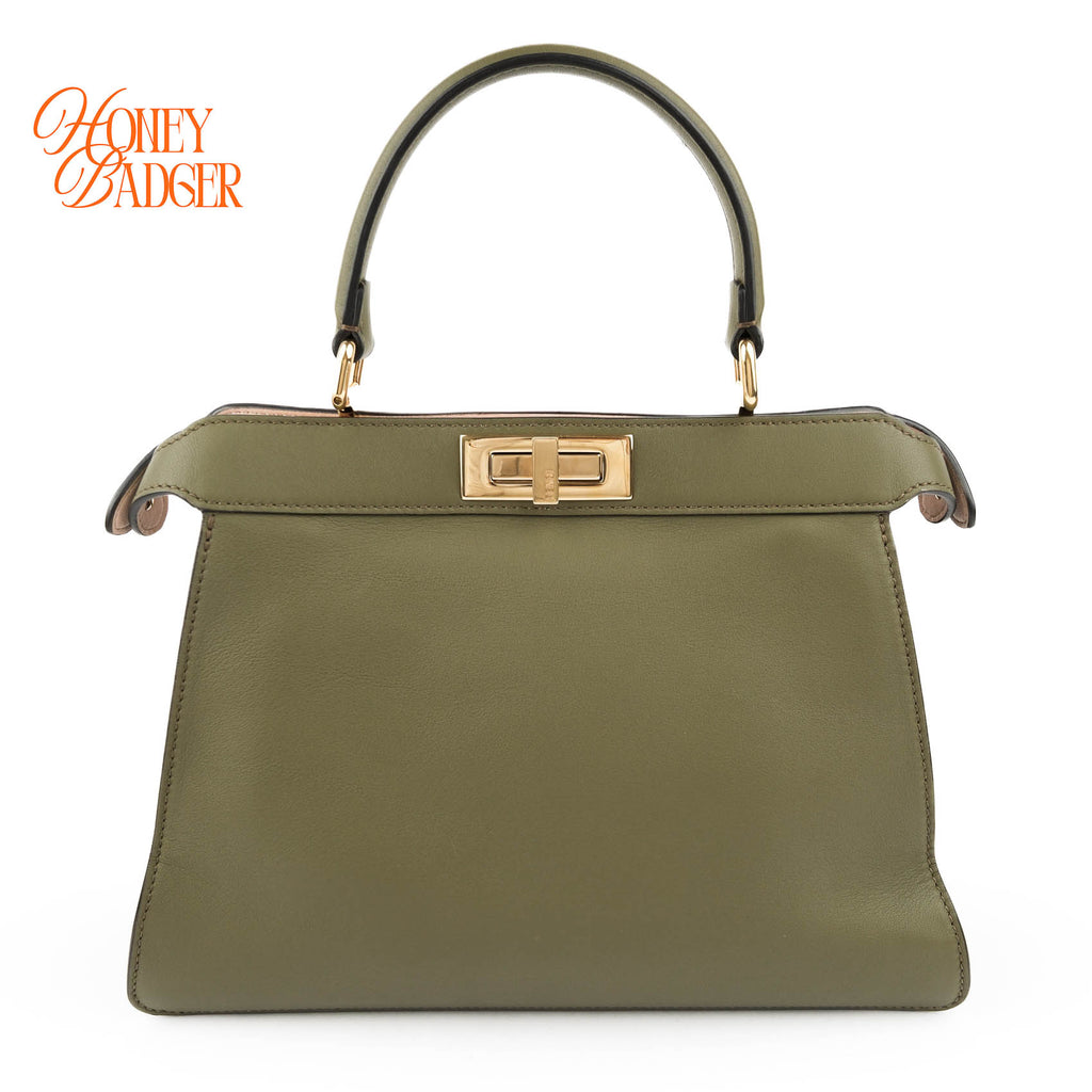 Fendi Peekaboo ISeeU Medium Olive Green Leather Gold Hardware 2WAY Bag 8BN321