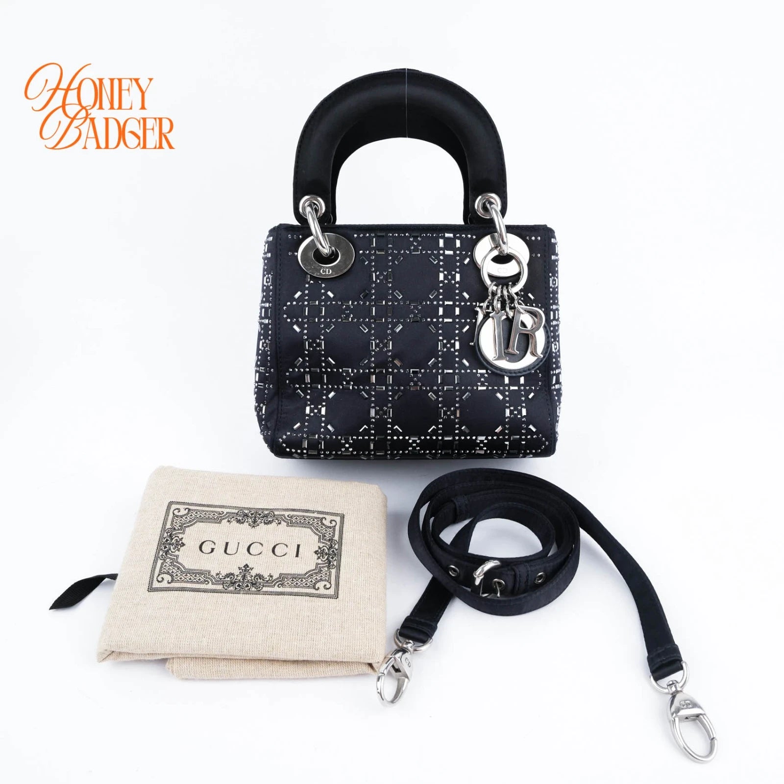 Dior Lady Dior Small Navy Satin Crystal Grade A