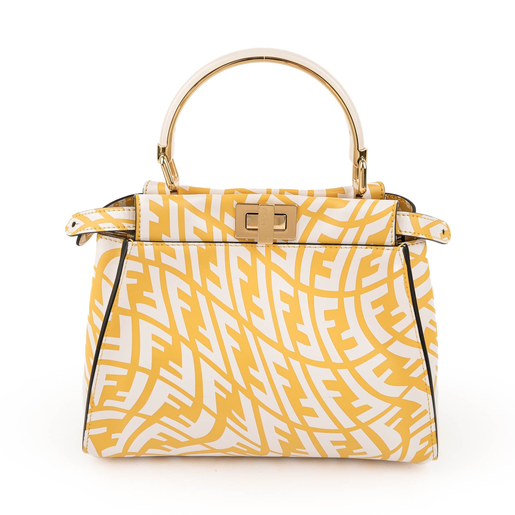 Fendi Mini Peekaboo 8BN244 Yellow White FF Print Leather 2WAY Top Handle Shoulder Bag