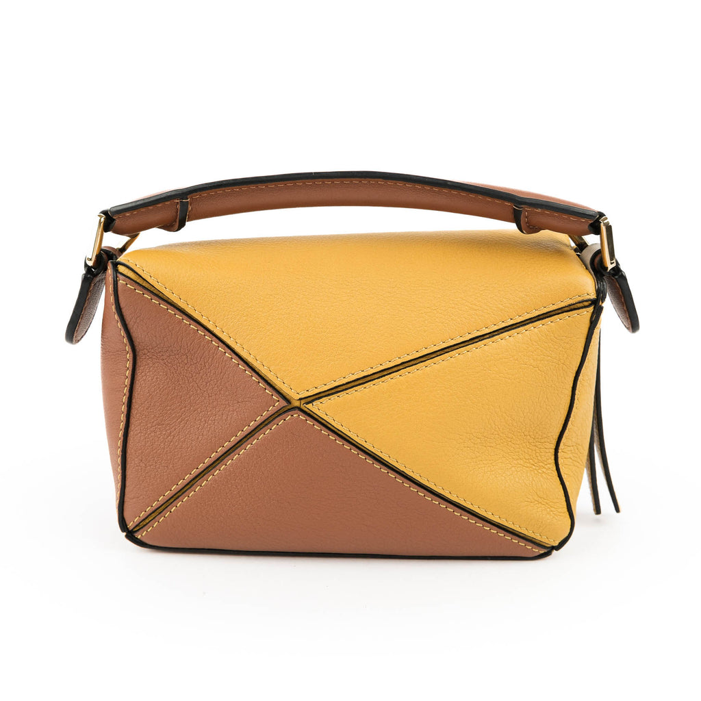 LOEWE Puzzle Bag Mini Brown Yellow Leather 2Way Shoulder Crossbody Handbag