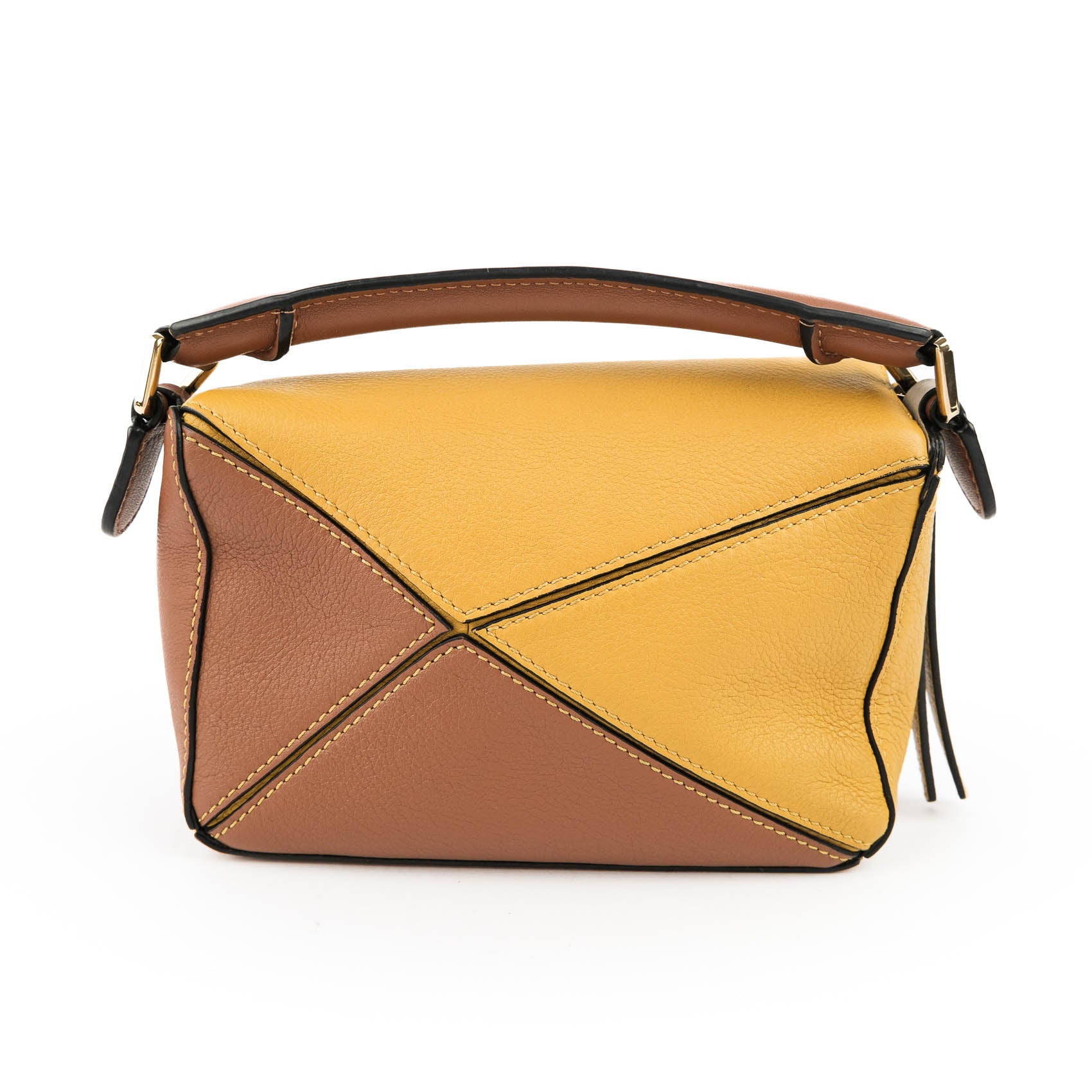 LOEWE Puzzle Bag Mini Brown Yellow Leather 2Way Shoulder Crossbody Handbag