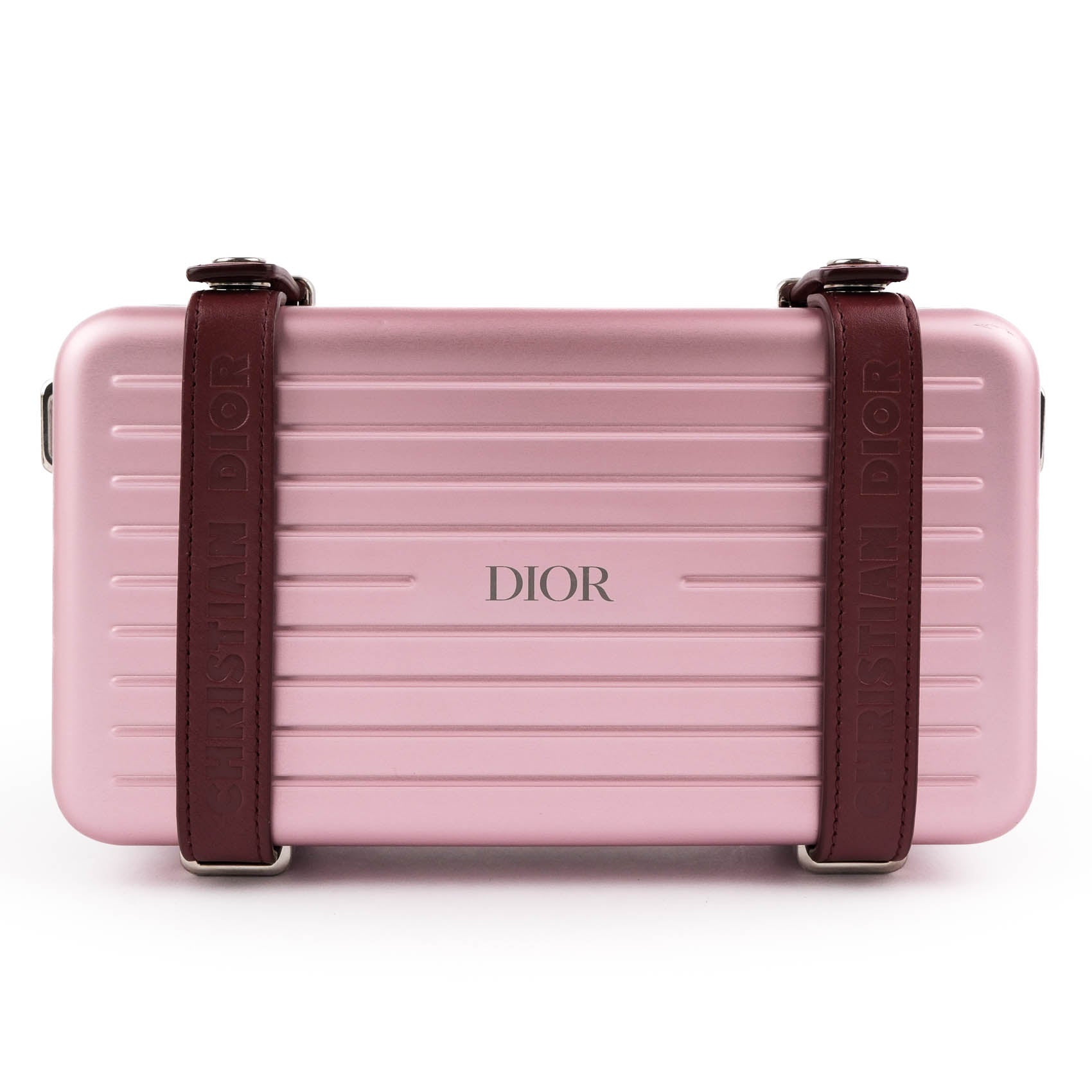 DIOR AND RIMOWA Personal Clutch on Strap in Rose Aluminum and Burgundy Leather