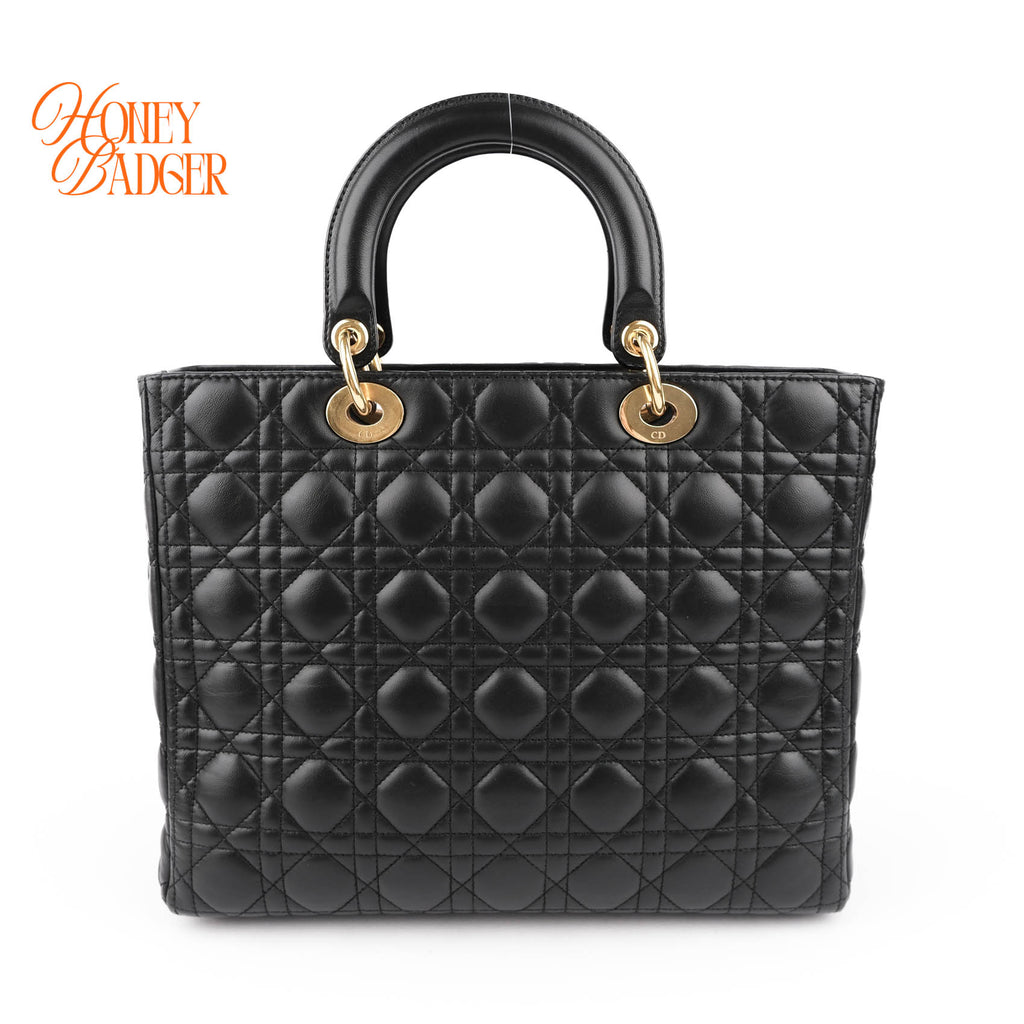 Christian Dior Lady Dior Large Cannage Black Lambskin Gold Hardware 2WAY Bag