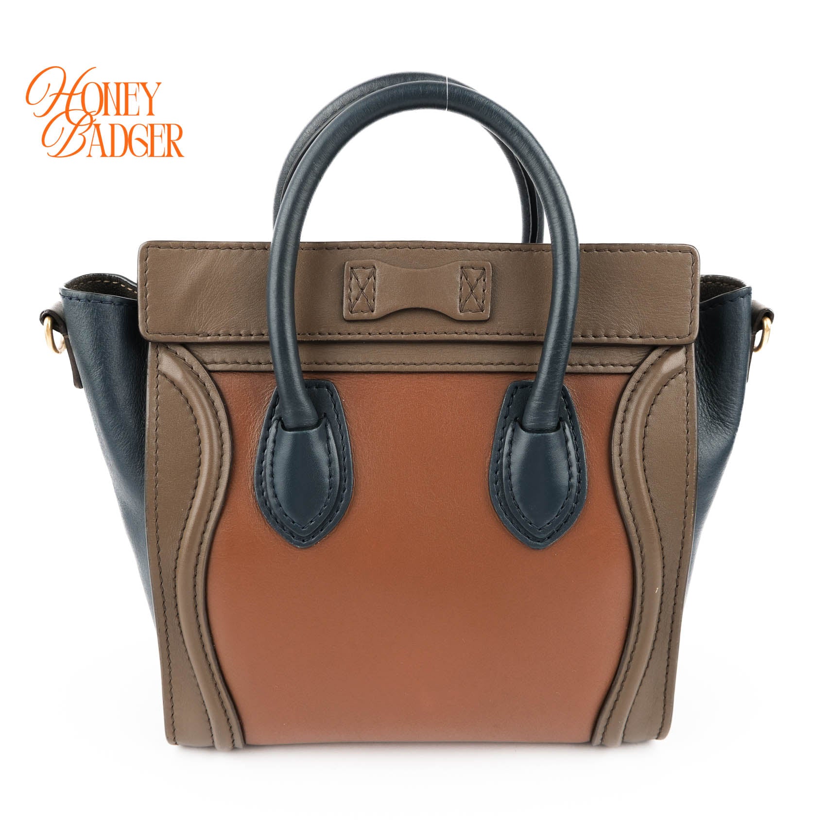 Authentic Celine Luggage Nano Tricolor | Brown, Navy & Taupe Leather Crossbody Bag