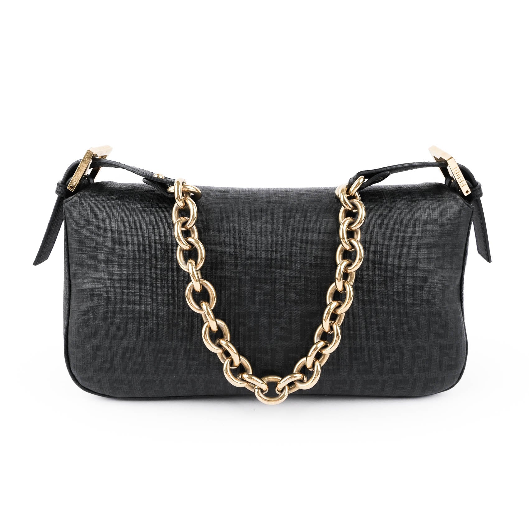 Fendi Baguette Medium — Black Zucca PVC with Gold Chain 8BR600