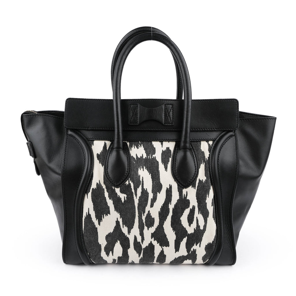 Celine Old Logo Luggage Large Shopper Tote Bag Abstract Leopard Canvas Black Leather