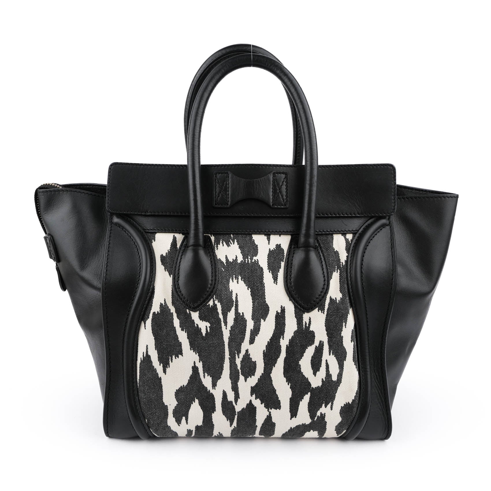 Celine Old Logo Luggage Large Shopper Tote Bag Abstract Leopard Canvas Black Leather