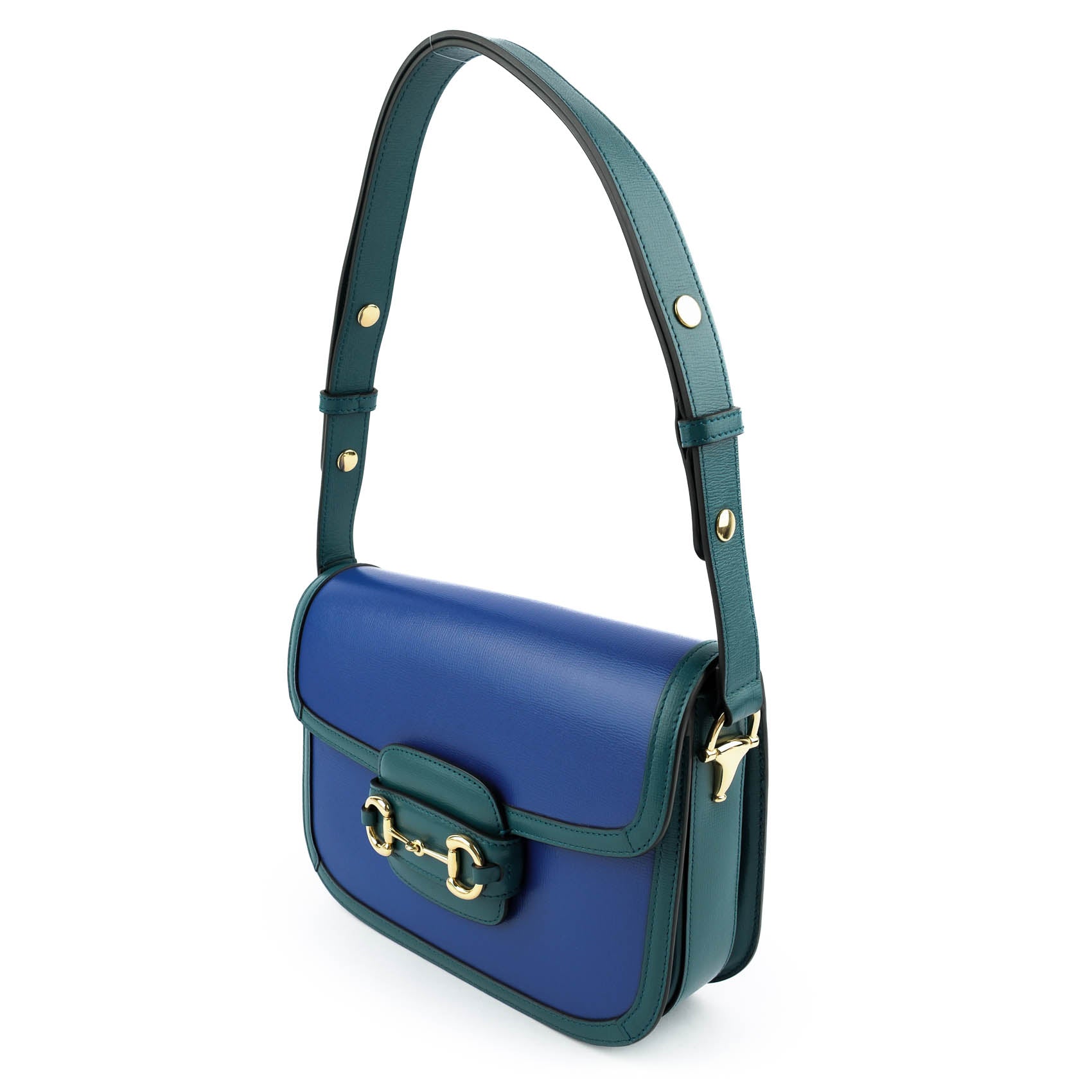 Gucci Horsebit 1955 Small Shoulder Bag in Imperial Blue and Pavone Green Leather