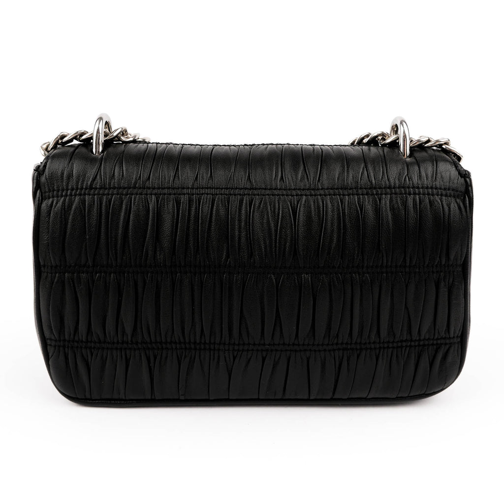 Prada Nappa Gaufre Pattina Flap Chain Shoulder Bag Black Leather Silver Hardware