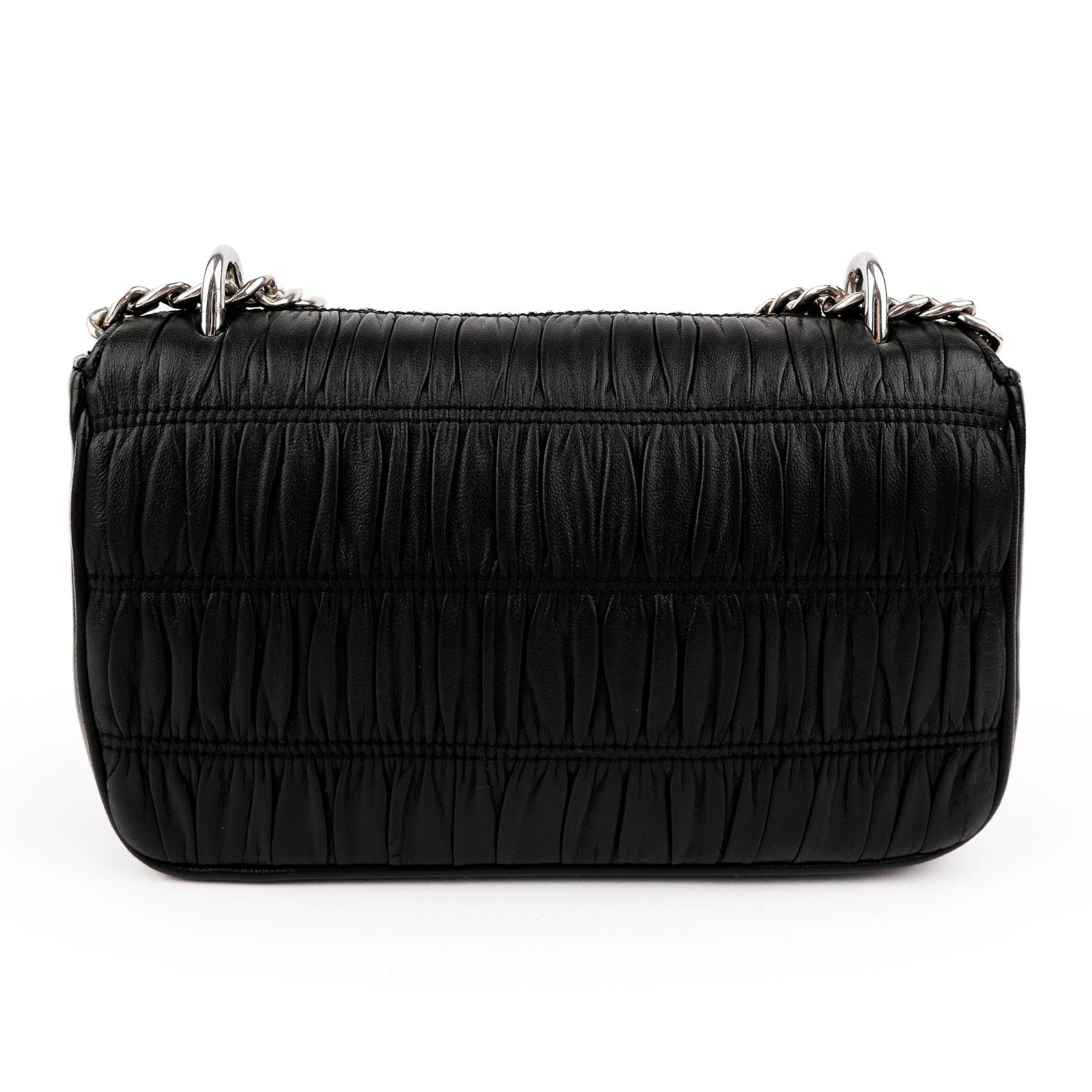 Prada Nappa Gaufre Pattina Flap Chain Shoulder Bag Black Leather Silver Hardware
