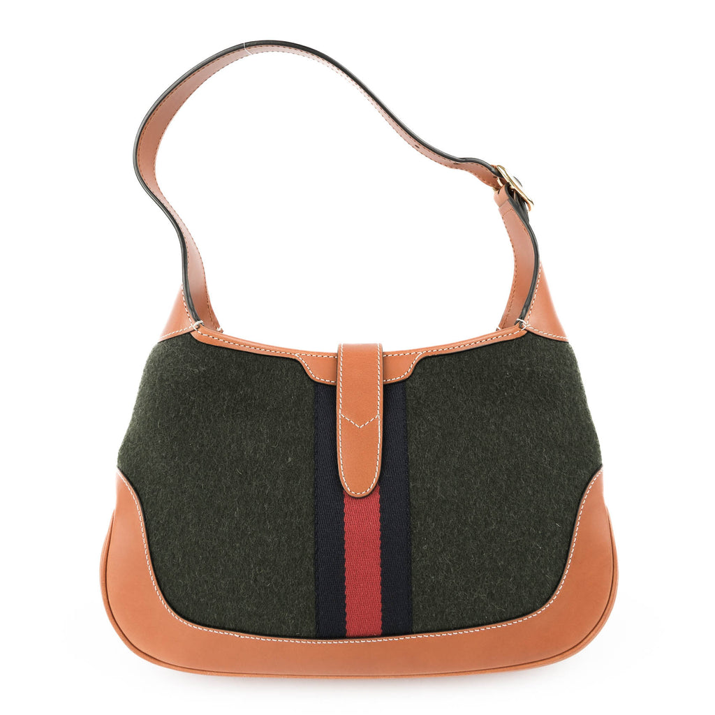 Gucci Jackie 1961 Small Shoulder Bag in Green Felt and Brown Leather
