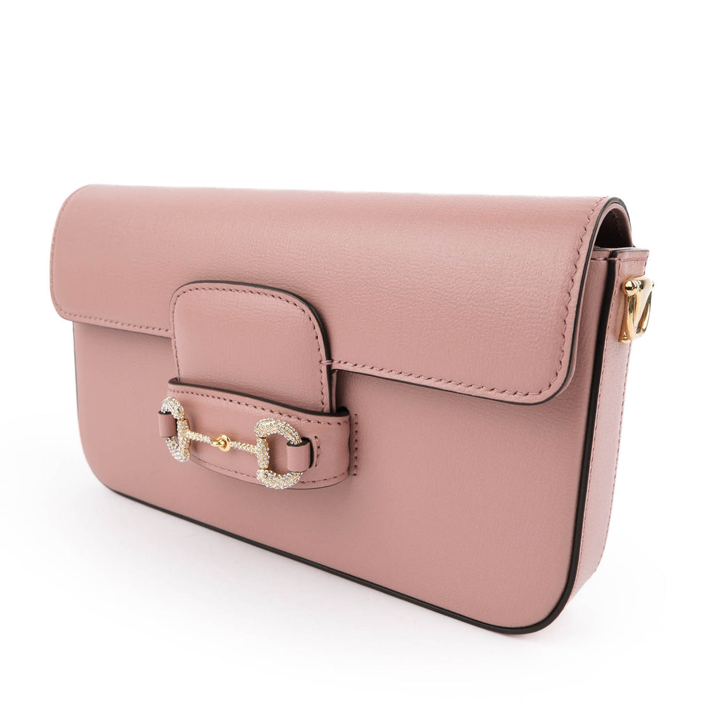 Gucci Horsebit 1955 Mini Chain Flap Bag Pink Leather Crystal Hardware 752002