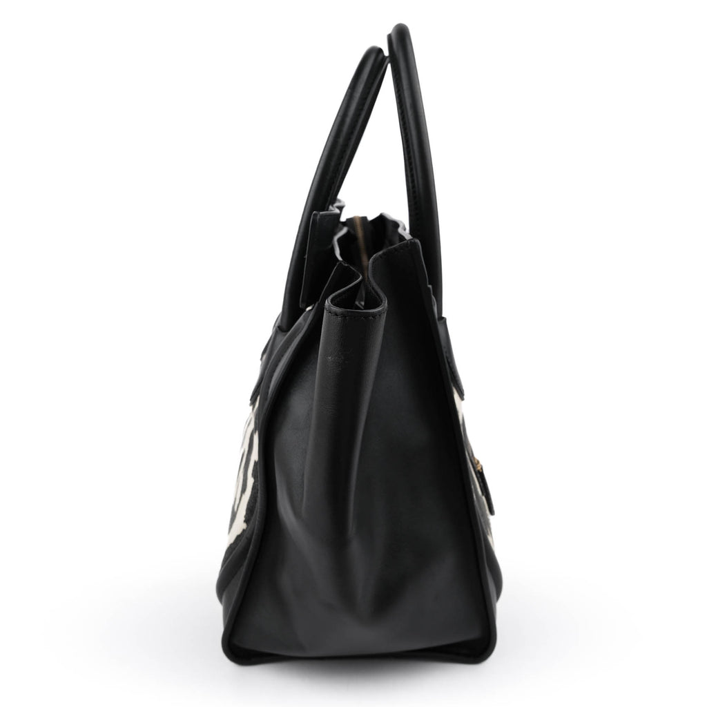 Celine Old Logo Luggage Large Shopper Tote Bag Abstract Leopard Canvas Black Leather