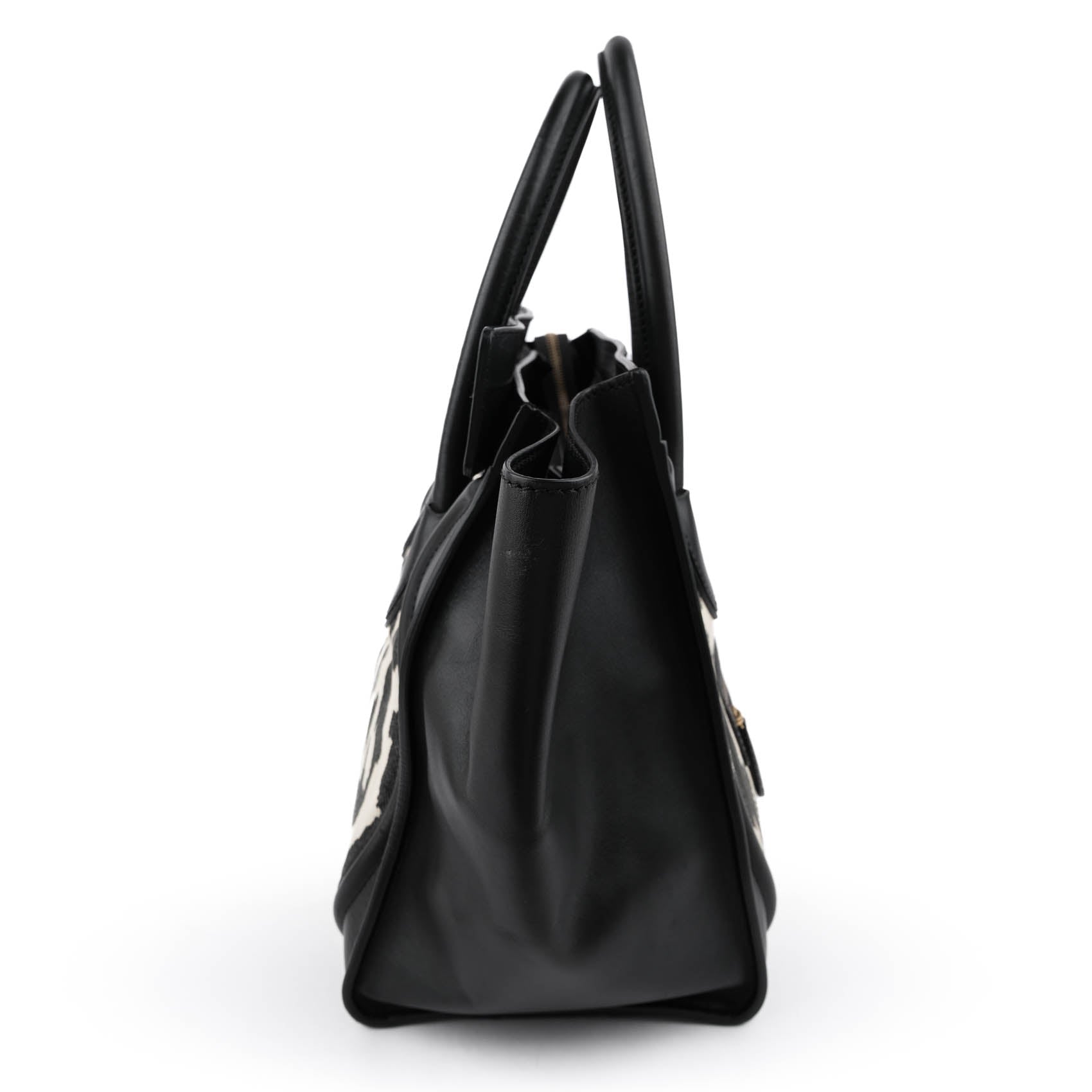 Celine Old Logo Luggage Large Shopper Tote Bag Abstract Leopard Canvas Black Leather
