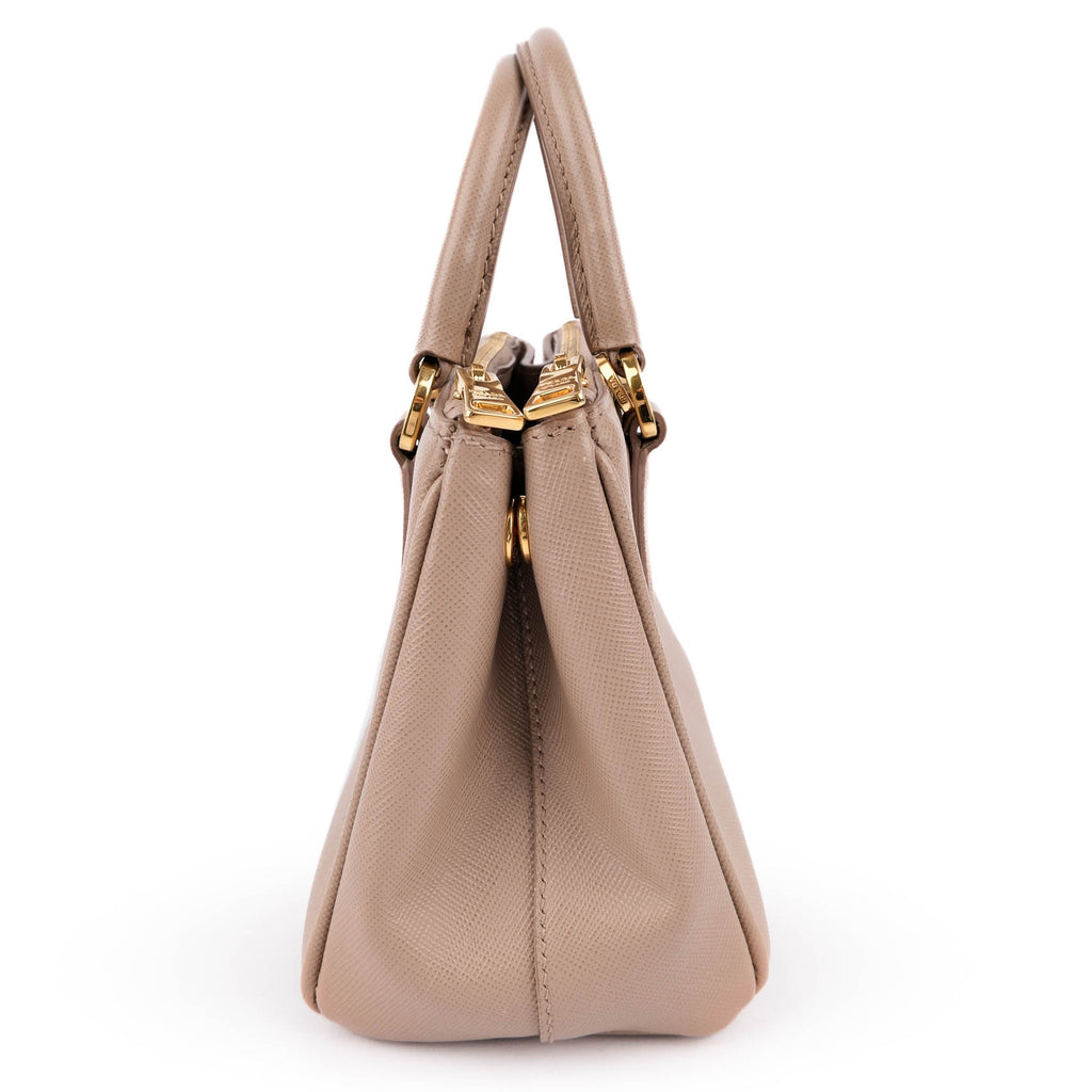 Prada Galleria Saffiano Mini 2-Way Handbag 1BA906 Beige Gold Hardware