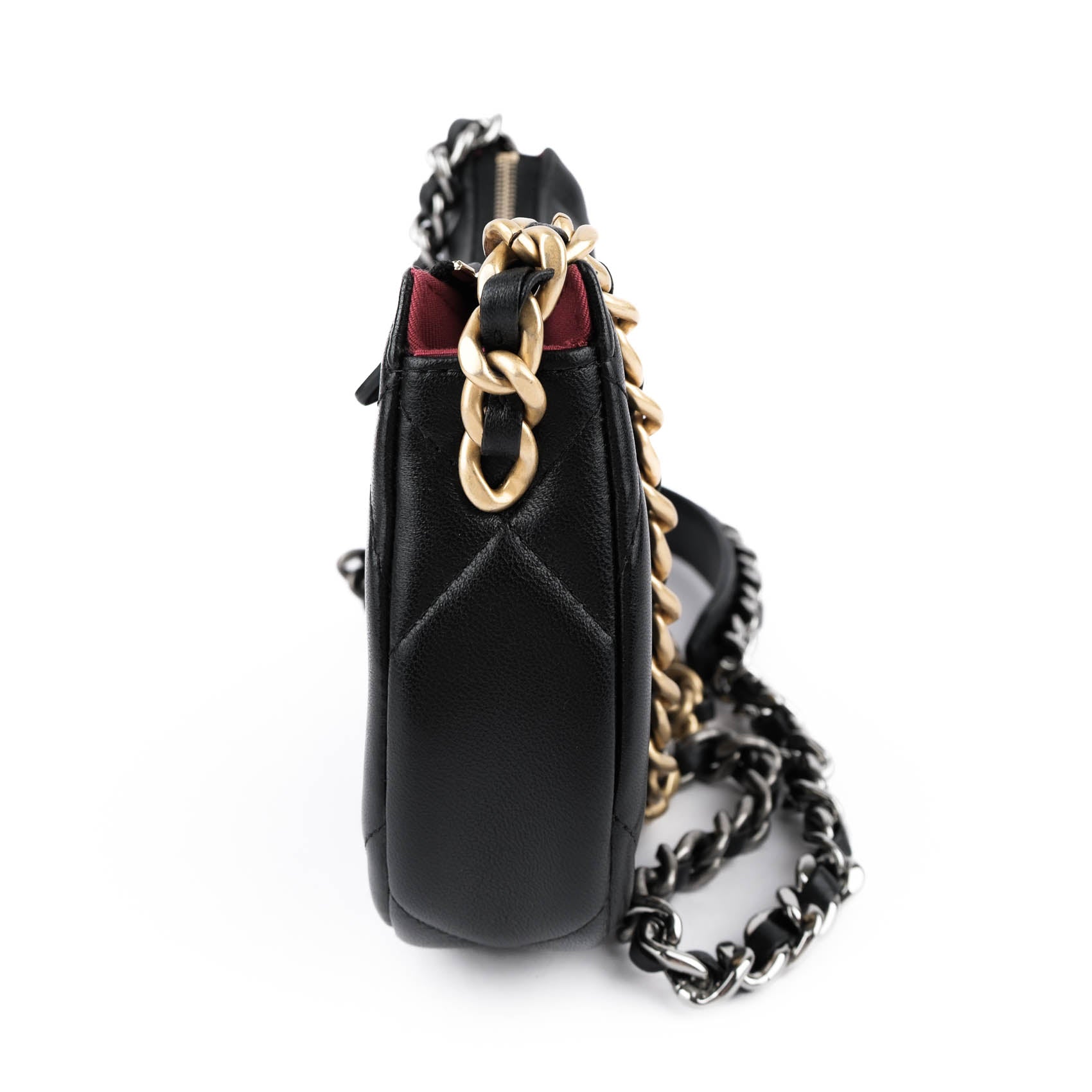 CHANEL 19 Small Zip Chain Shoulder Bag Black Lambskin Mixed Metal Hardware RFID Full Set