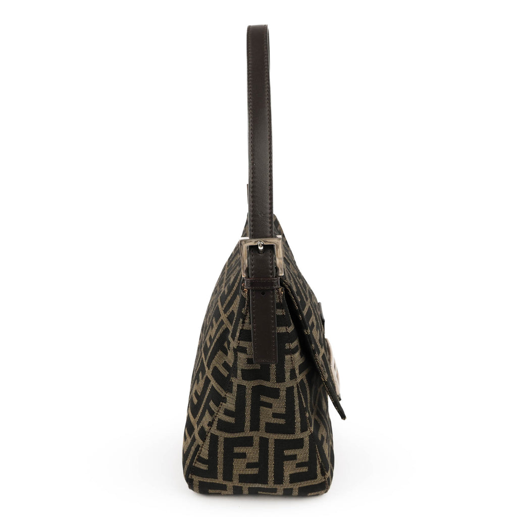 Fendi Zucca Canvas Mamma Baguette Shoulder Bag Tobacco Brown Leather Silver Hardware