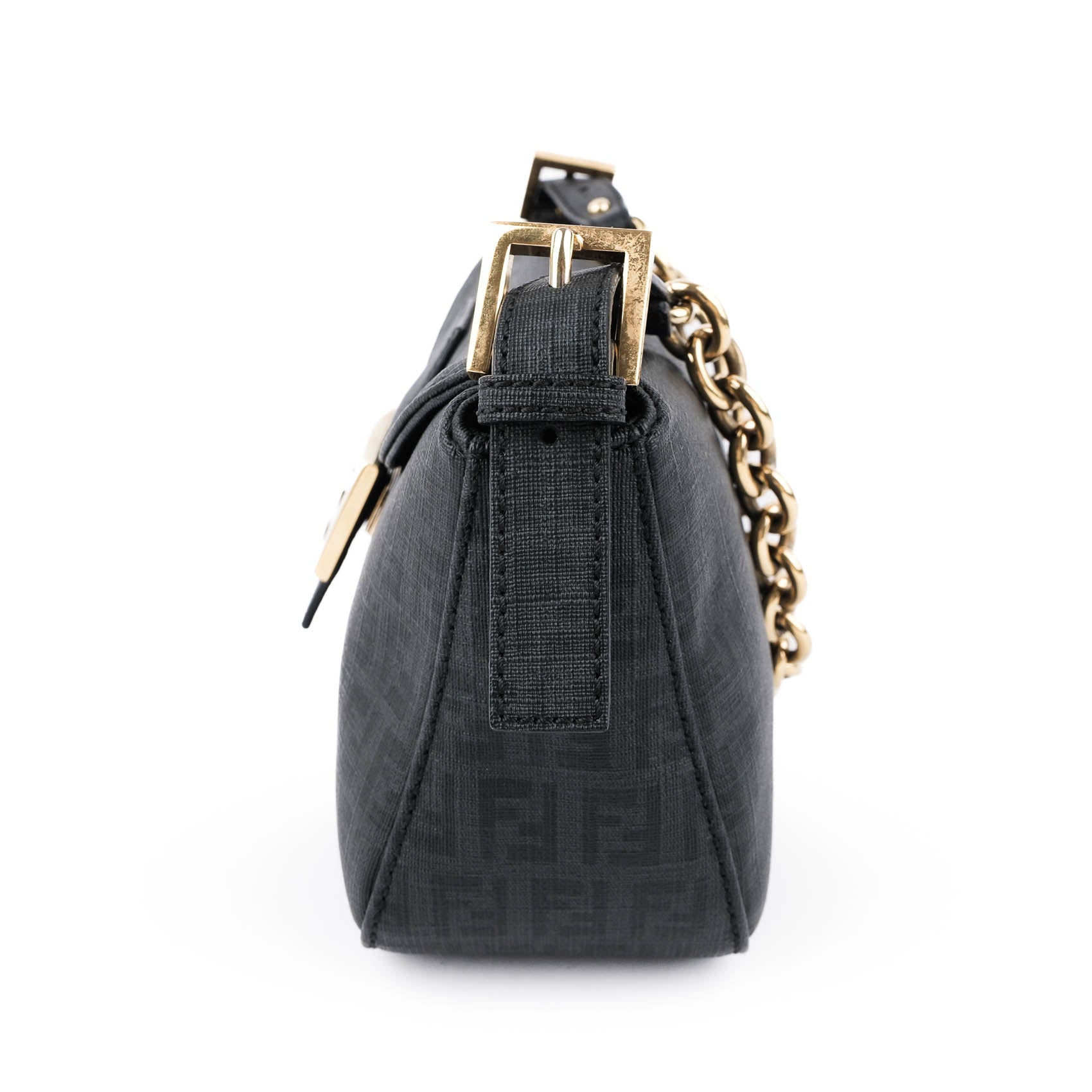 Fendi Baguette Medium — Black Zucca PVC with Gold Chain 8BR600
