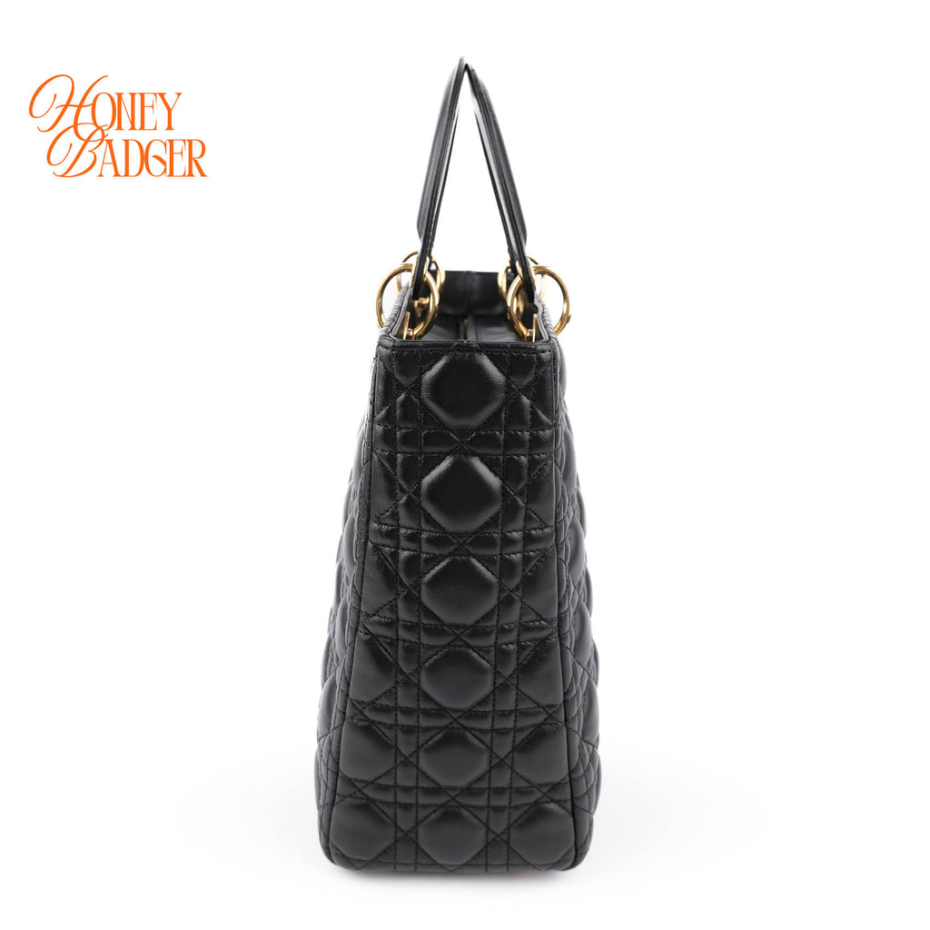 Christian Dior Lady Dior Large Cannage Black Lambskin Gold Hardware 2WAY Bag