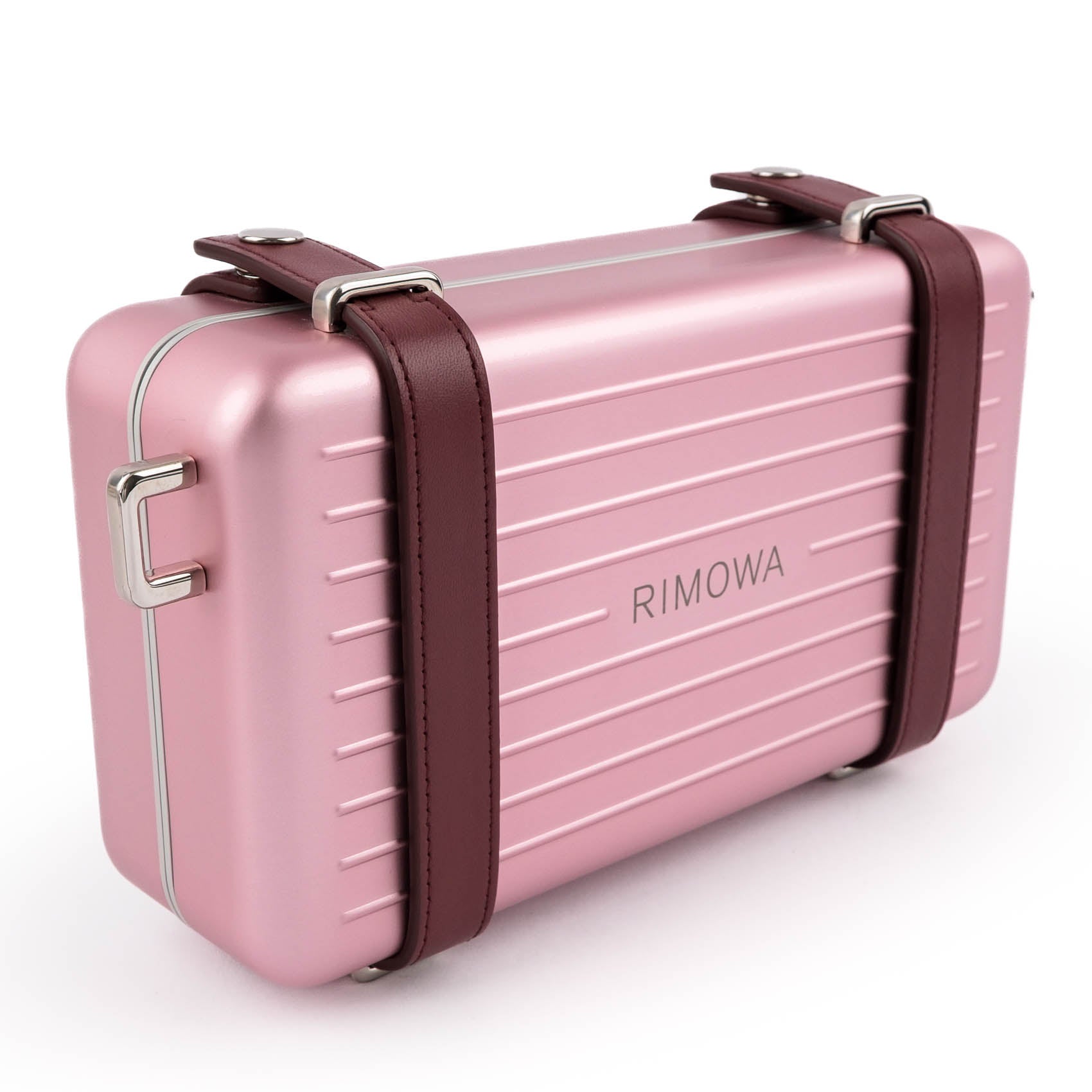 DIOR AND RIMOWA Personal Clutch on Strap in Rose Aluminum and Burgundy Leather