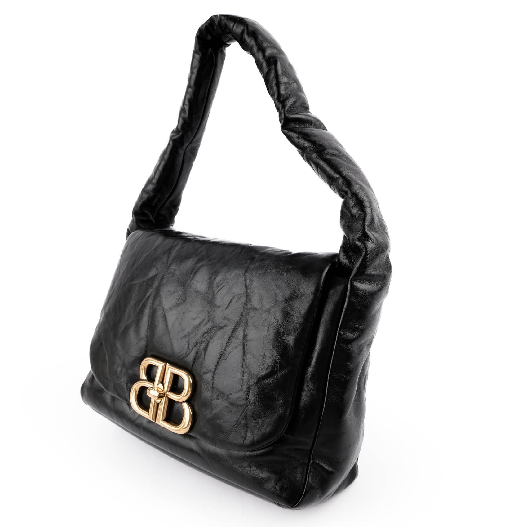 BALENCIAGA Monaco BB Logo Leather Shoulder Bag Black