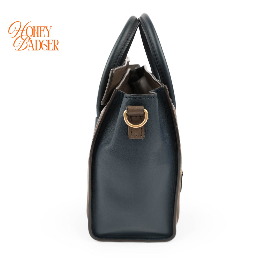 Authentic Celine Luggage Nano Tricolor | Brown, Navy & Taupe Leather Crossbody Bag
