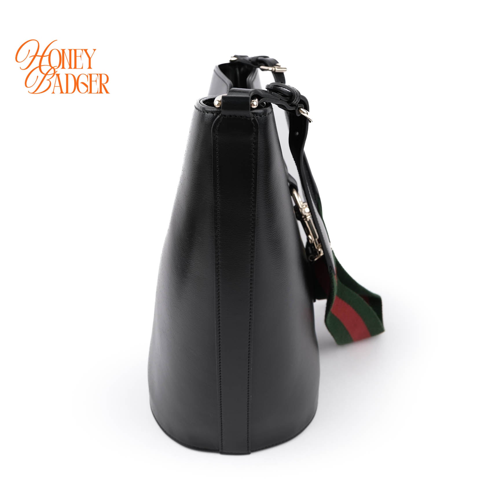 Gucci Jackie 1961 Small Bucket Bag Black Leather Web Strap Gold Hardware