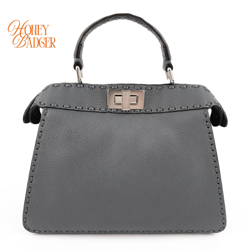 Fendi Peekaboo ISeeU Small Whipstitch Grained Leather Blue Grey Silver Hardware Rank A