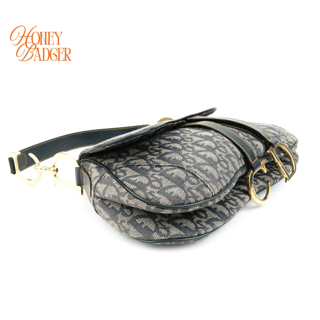 Dior Vintage Double Saddle Bag Oblique Canvas Navy Gold Hardware Rank A