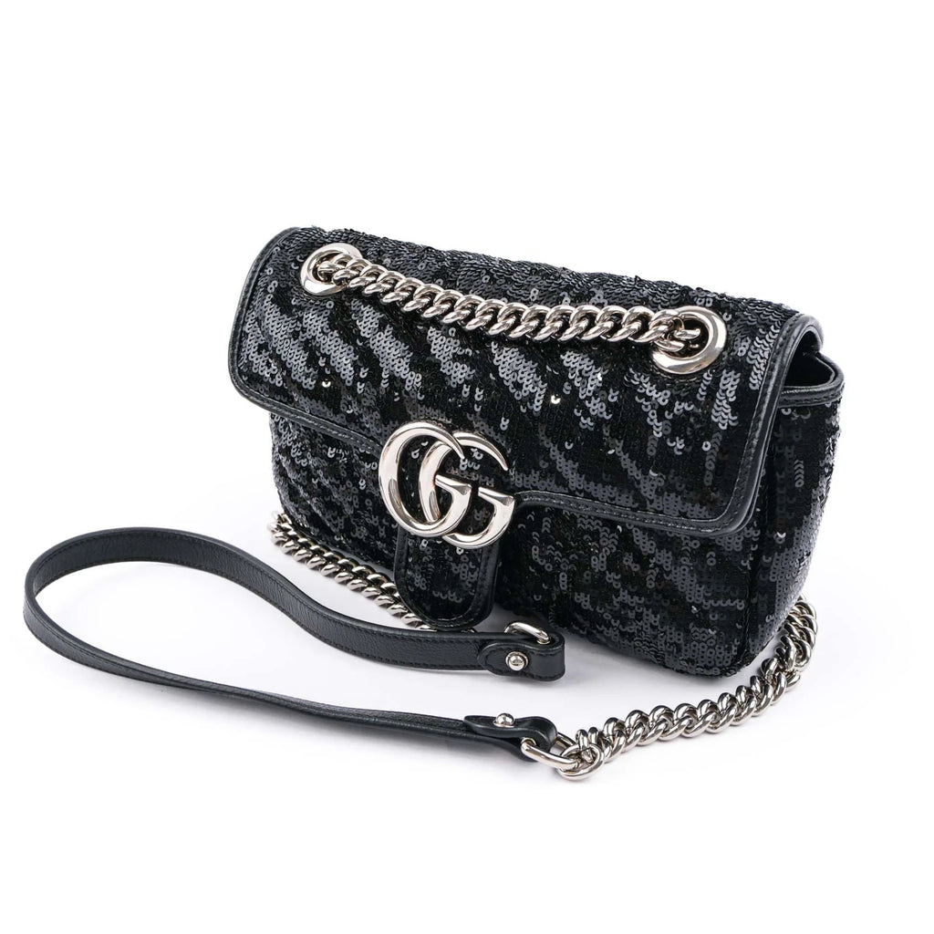 Gucci GG Marmont Medium Sequin Chain Shoulder Bag Black Rank S