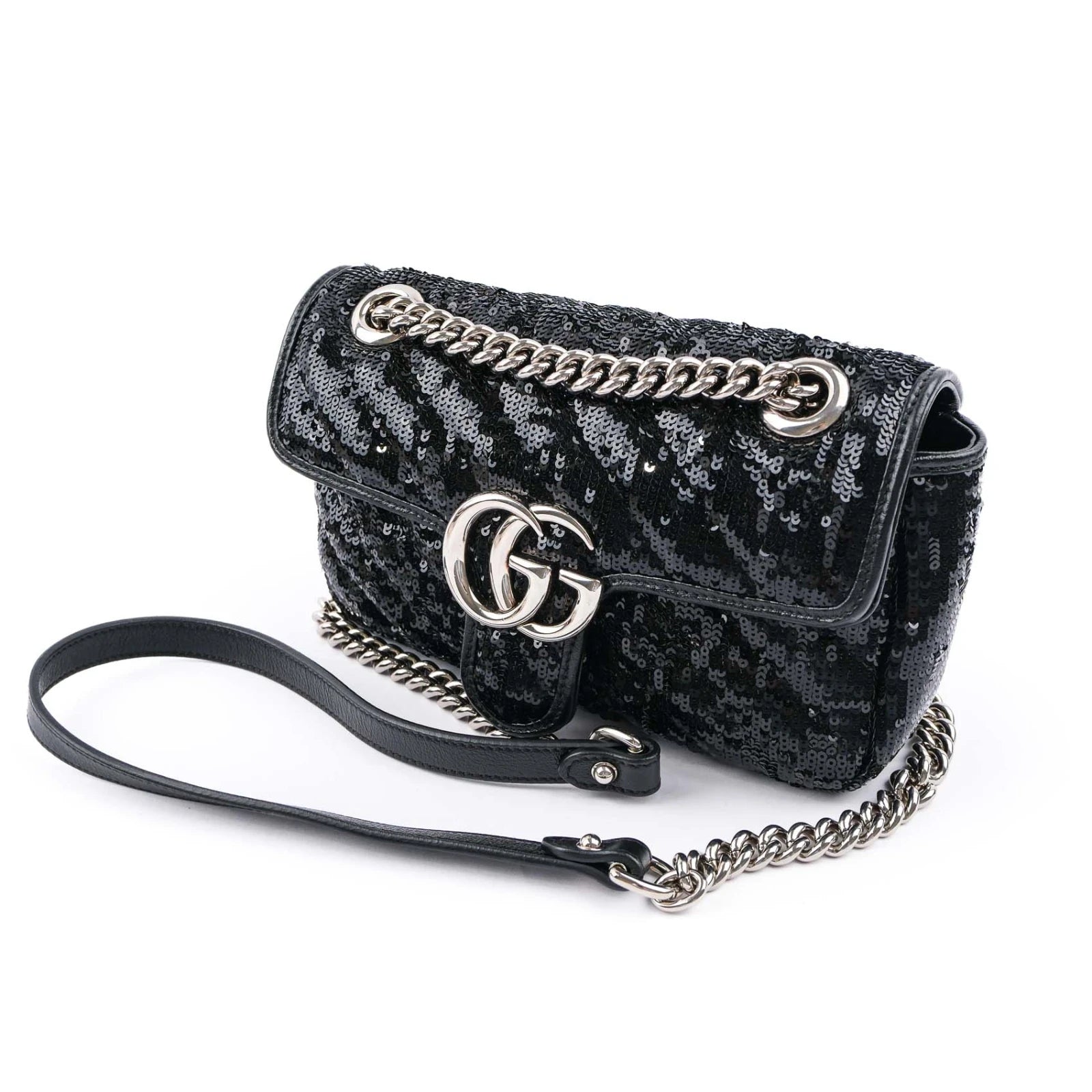 Gucci GG Marmont Medium Sequin Chain Shoulder Bag Black Rank S
