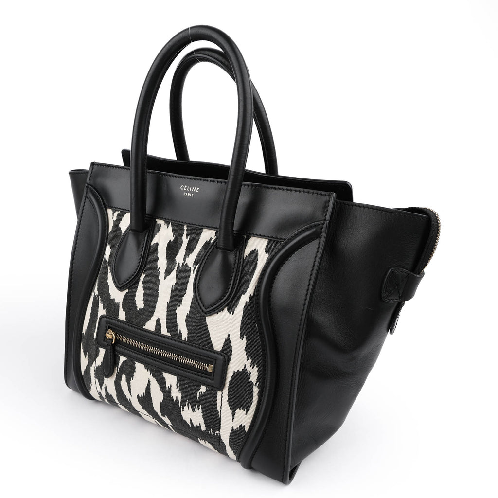 Celine Old Logo Luggage Large Shopper Tote Bag Abstract Leopard Canvas Black Leather