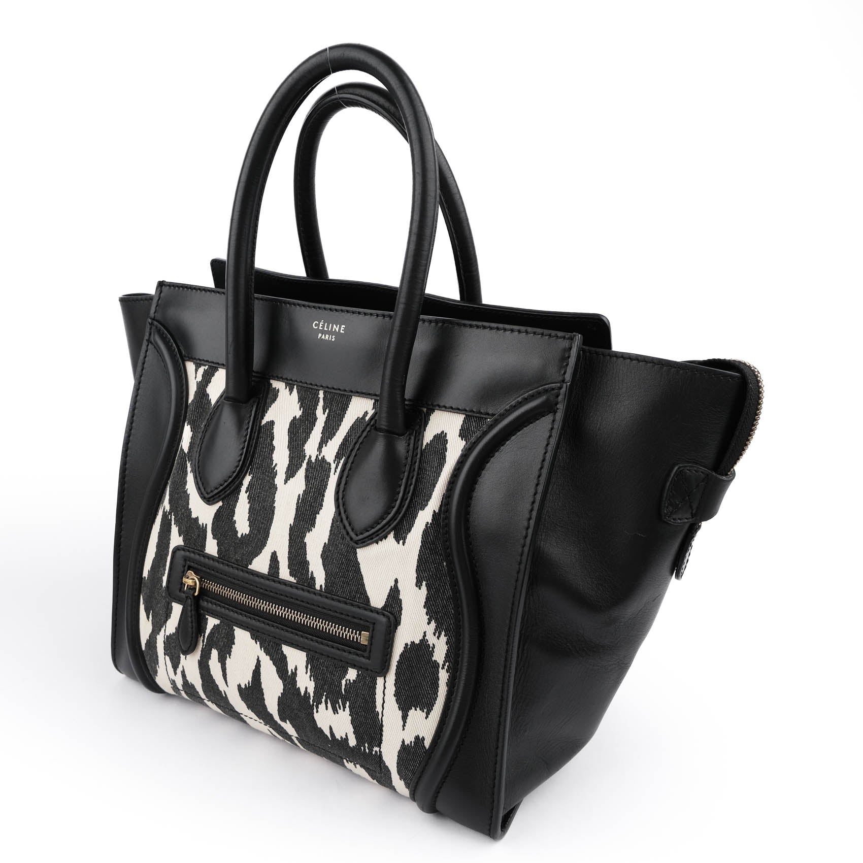 Celine Old Logo Luggage Large Shopper Tote Bag Abstract Leopard Canvas Black Leather
