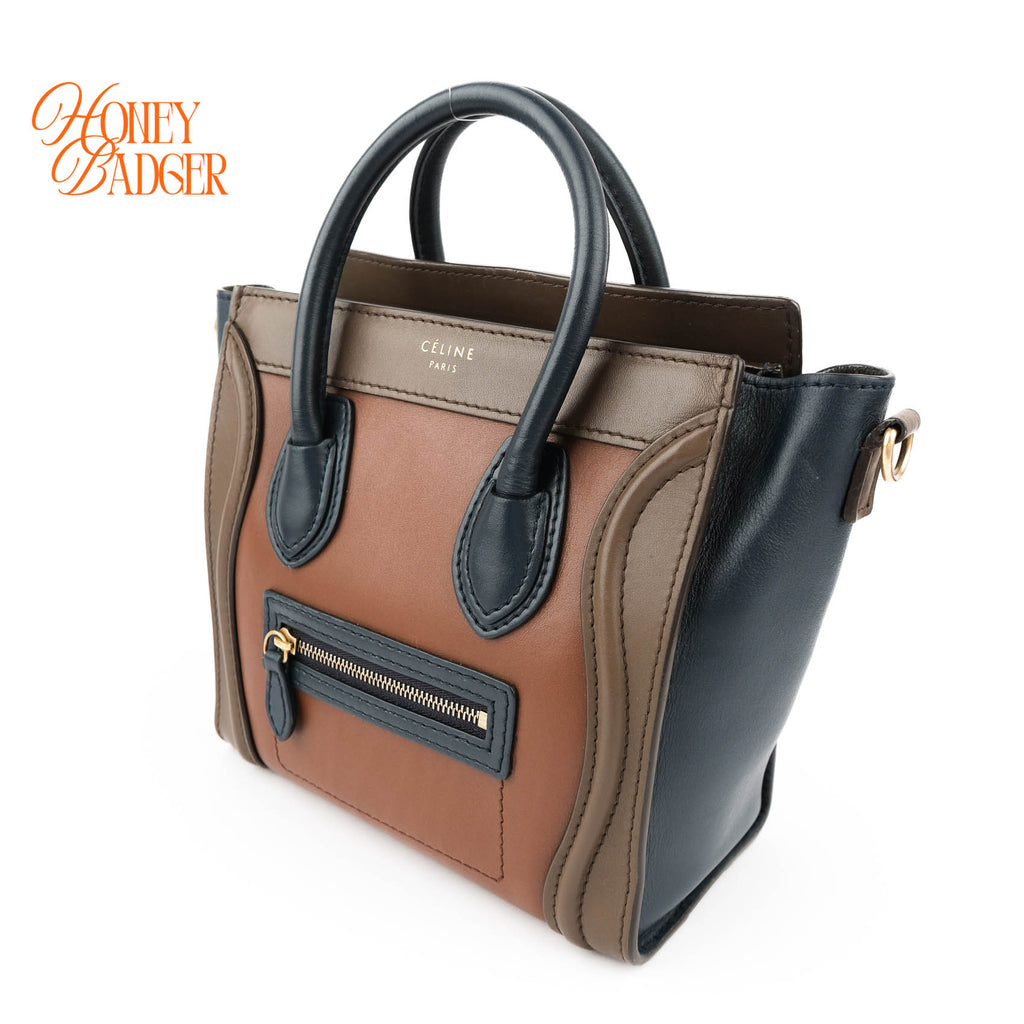 Authentic Celine Luggage Nano Tricolor | Brown, Navy & Taupe Leather Crossbody Bag