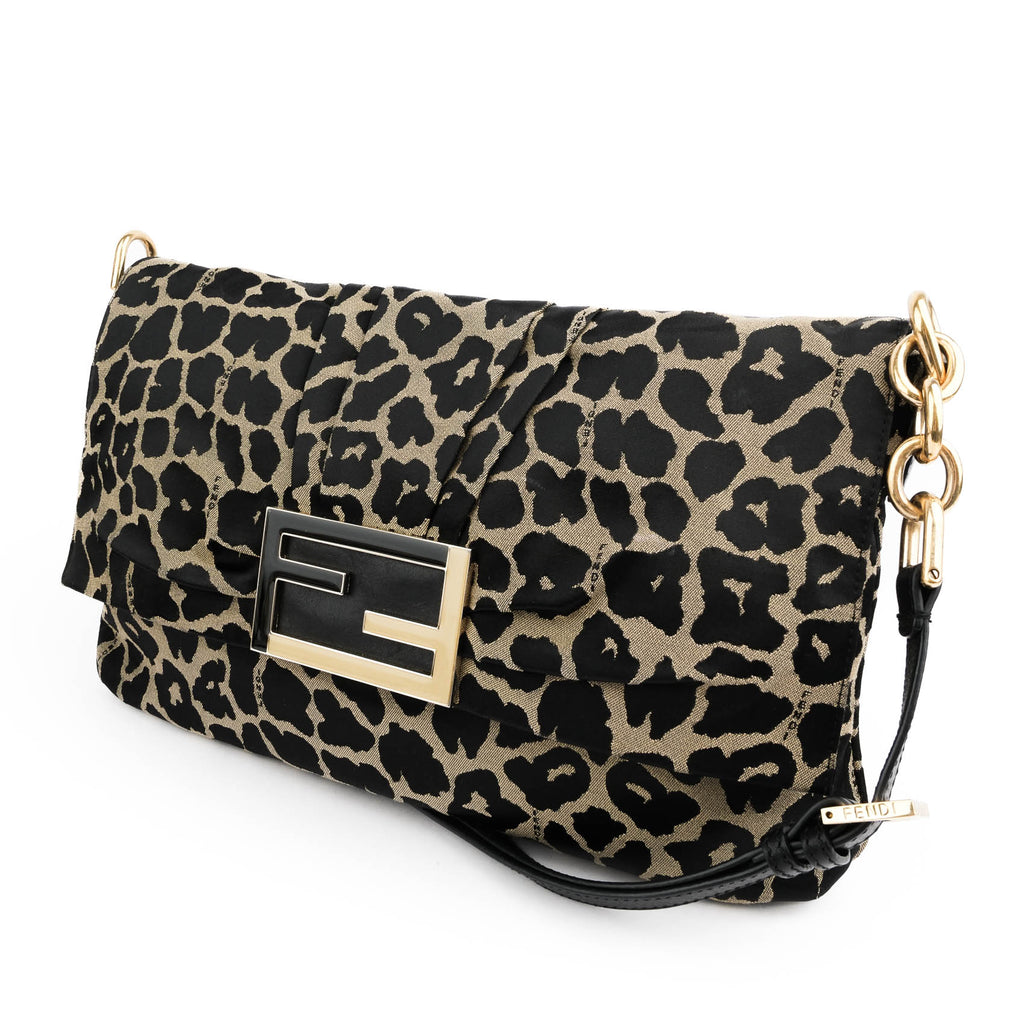 Fendi Large Baguette Leopard Canvas Shoulder Bag with Gold Hardware