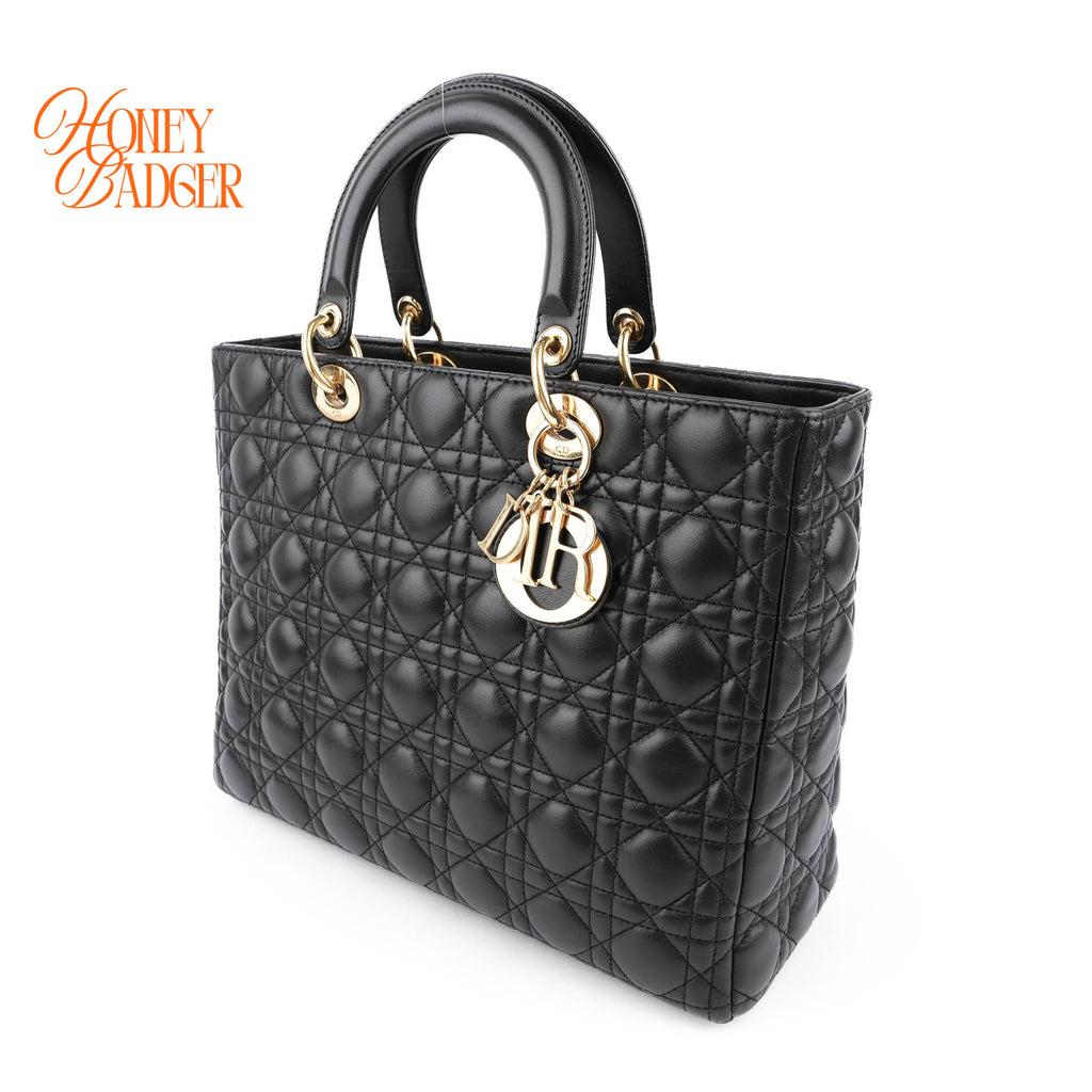 Christian Dior Lady Dior Large Cannage Black Lambskin Gold Hardware 2WAY Bag