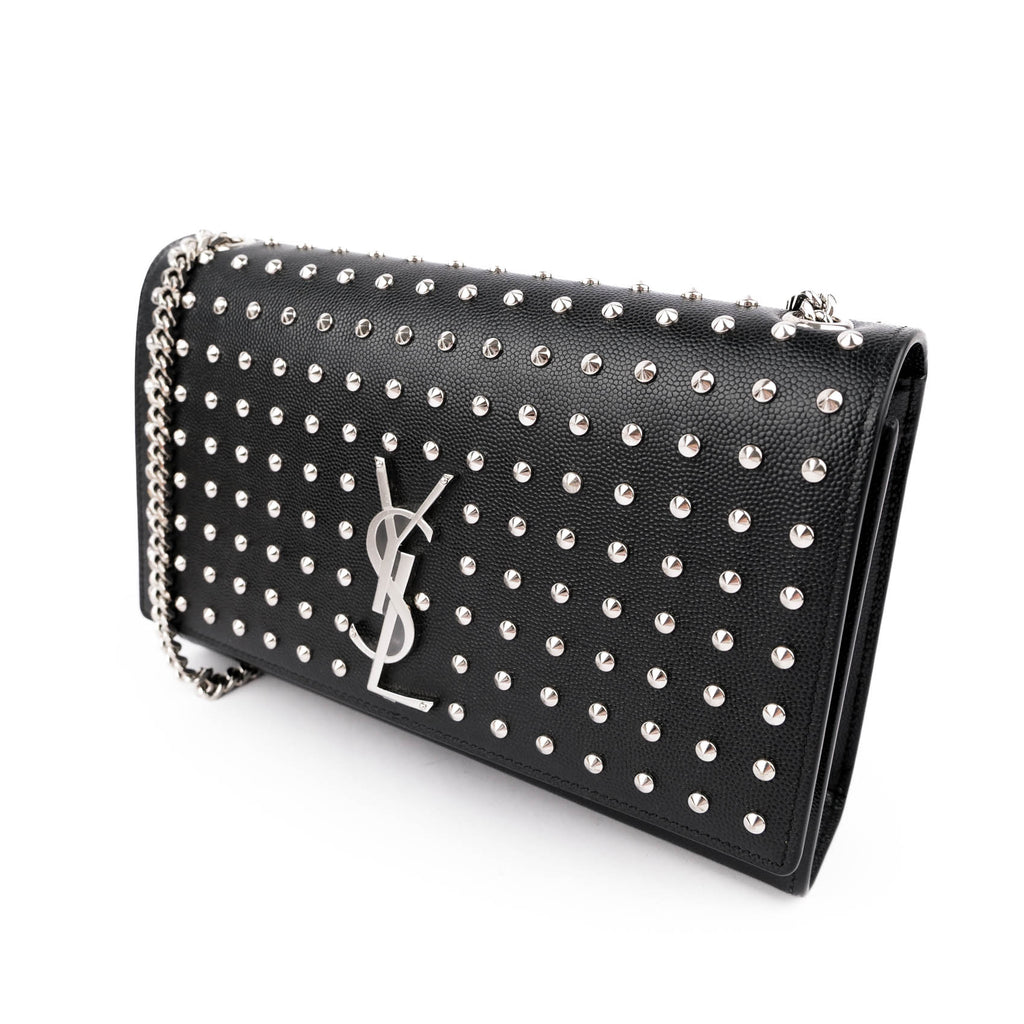 Saint Laurent Kate Medium Chain Shoulder Bag Black Grained Leather Round Studs Silver Hardware YSL Logo
