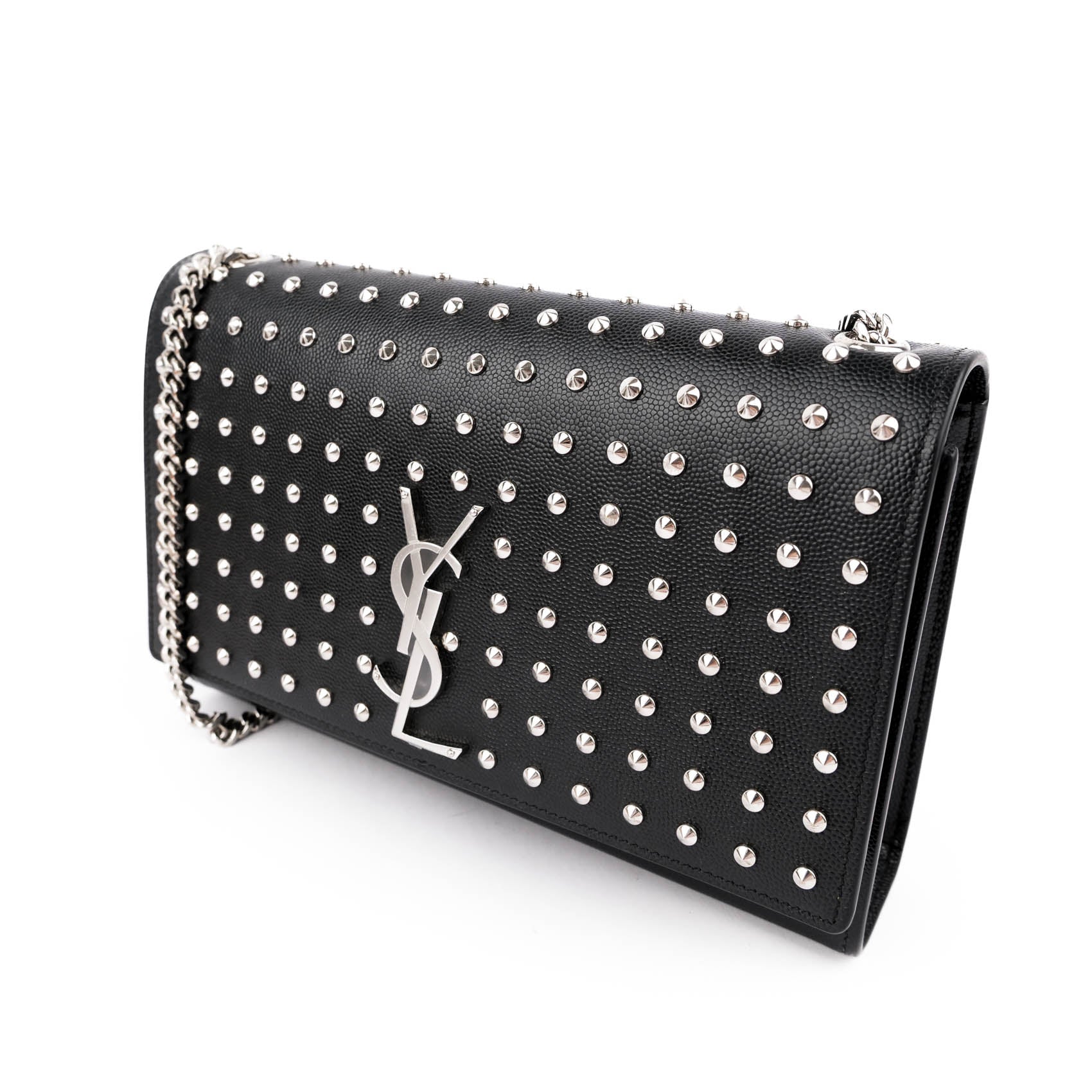 Saint Laurent Kate Medium Chain Shoulder Bag Black Grained Leather Round Studs Silver Hardware YSL Logo