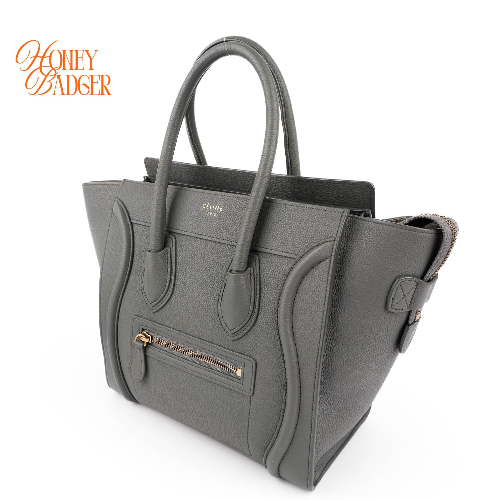 Celine Luggage Micro Shopper Grained Leather Gray Handbag Gold Hardware