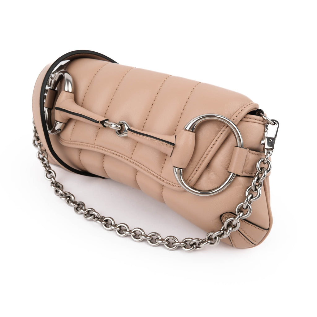 Gucci Horsebit 1955 Small Chain Shoulder Bag Quilted Leather Beige Silver Hardware