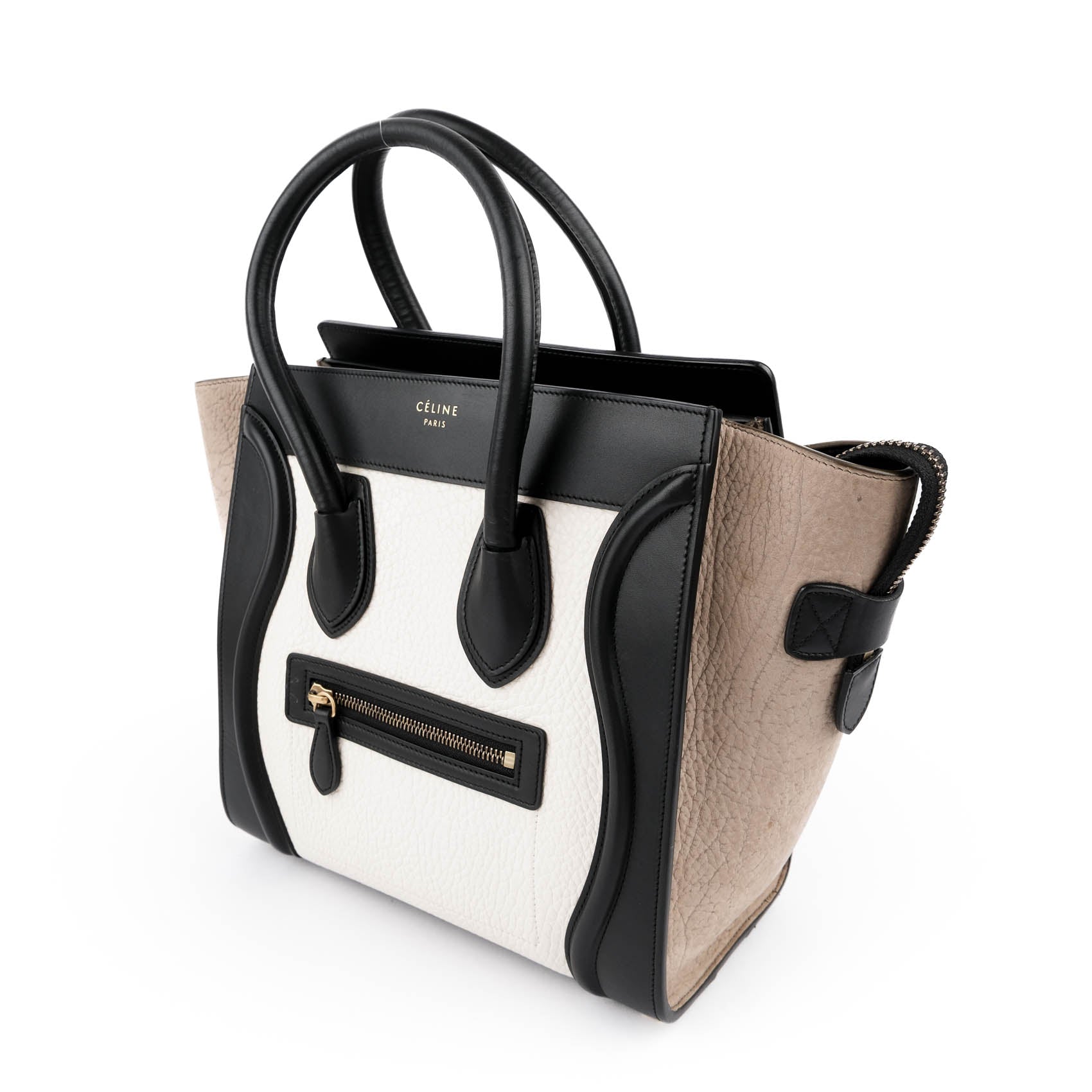 Celine Micro Luggage Tote Tricolor White Black Beige Leather Handbag