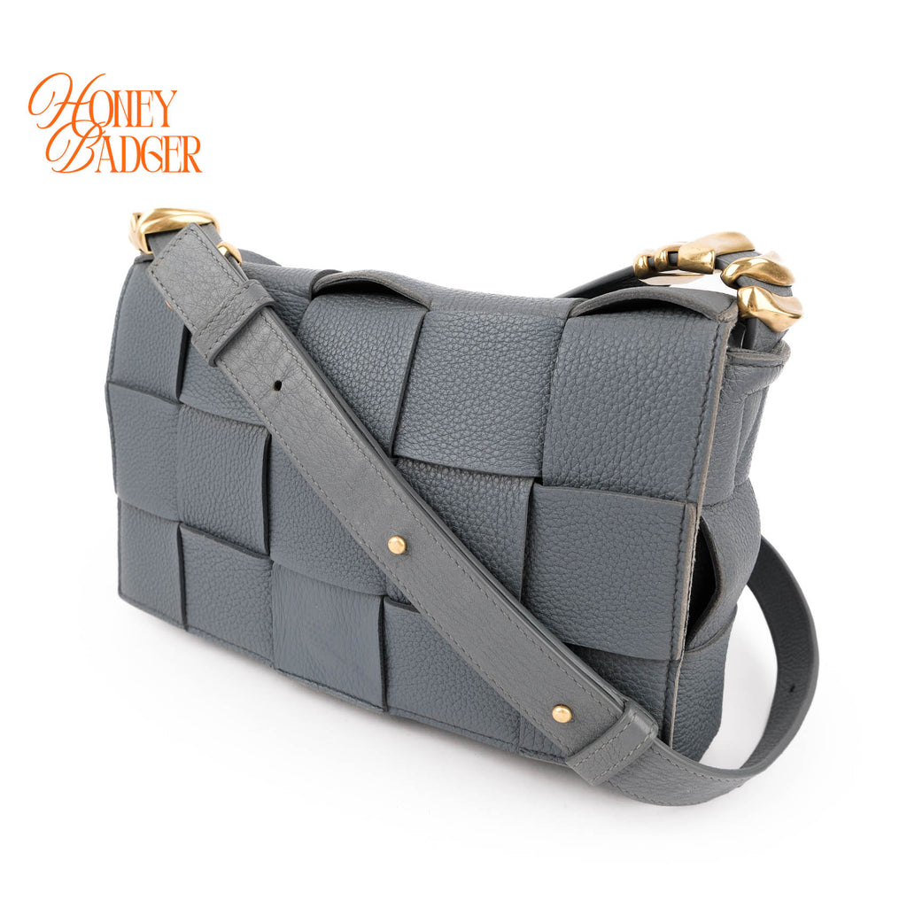 Authentic Bottega Veneta Cassette Crossbody Bag | Intrecciato Grain Leather | Blue-Grey