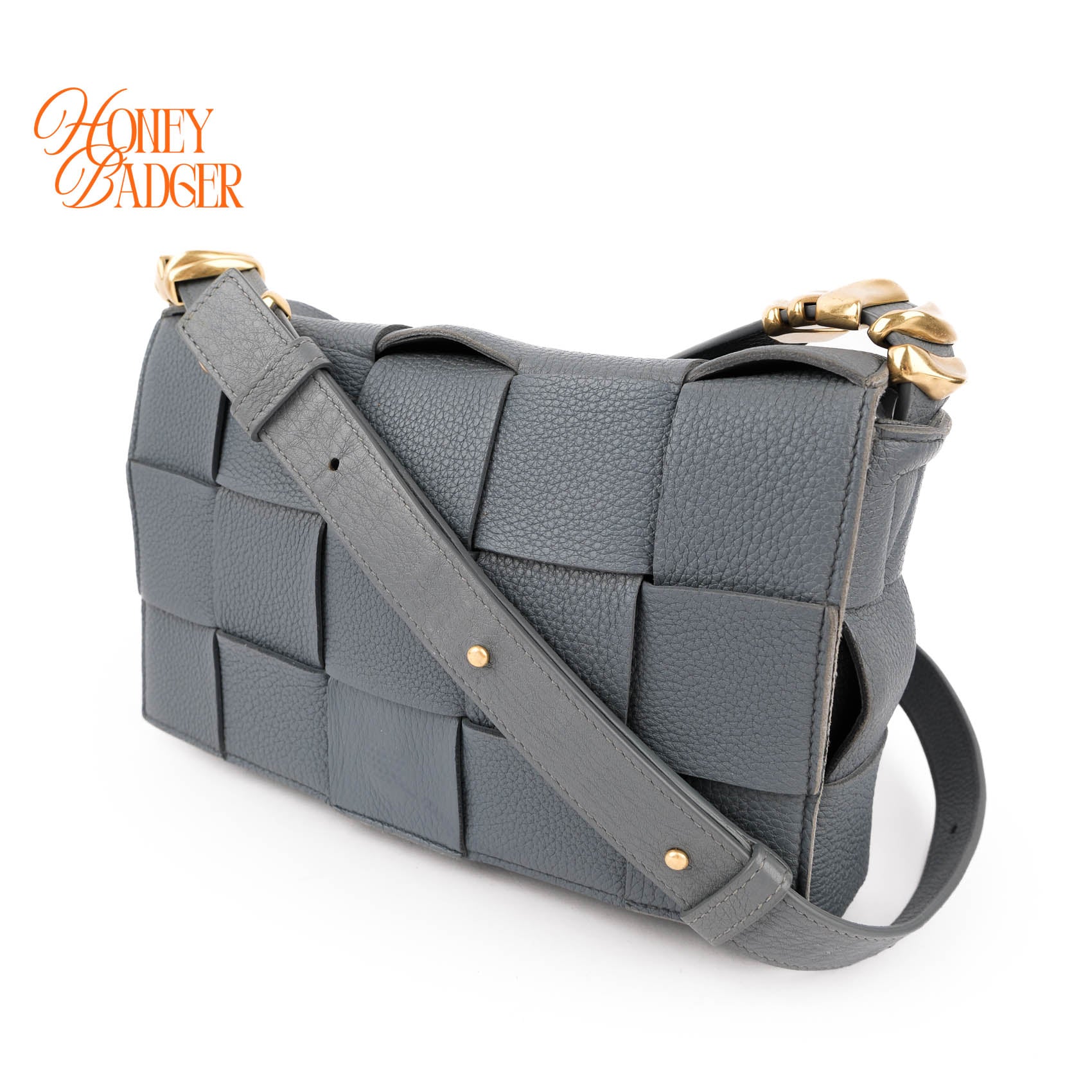 Authentic Bottega Veneta Cassette Crossbody Bag | Intrecciato Grain Leather | Blue-Grey