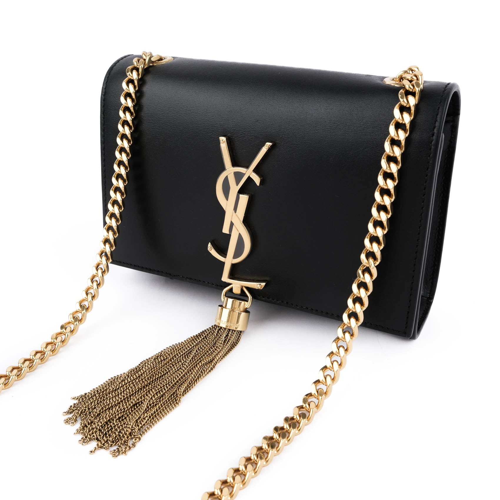Saint Laurent Kate Small Tassel Bag in Black Smooth Leather with Gold Hardware